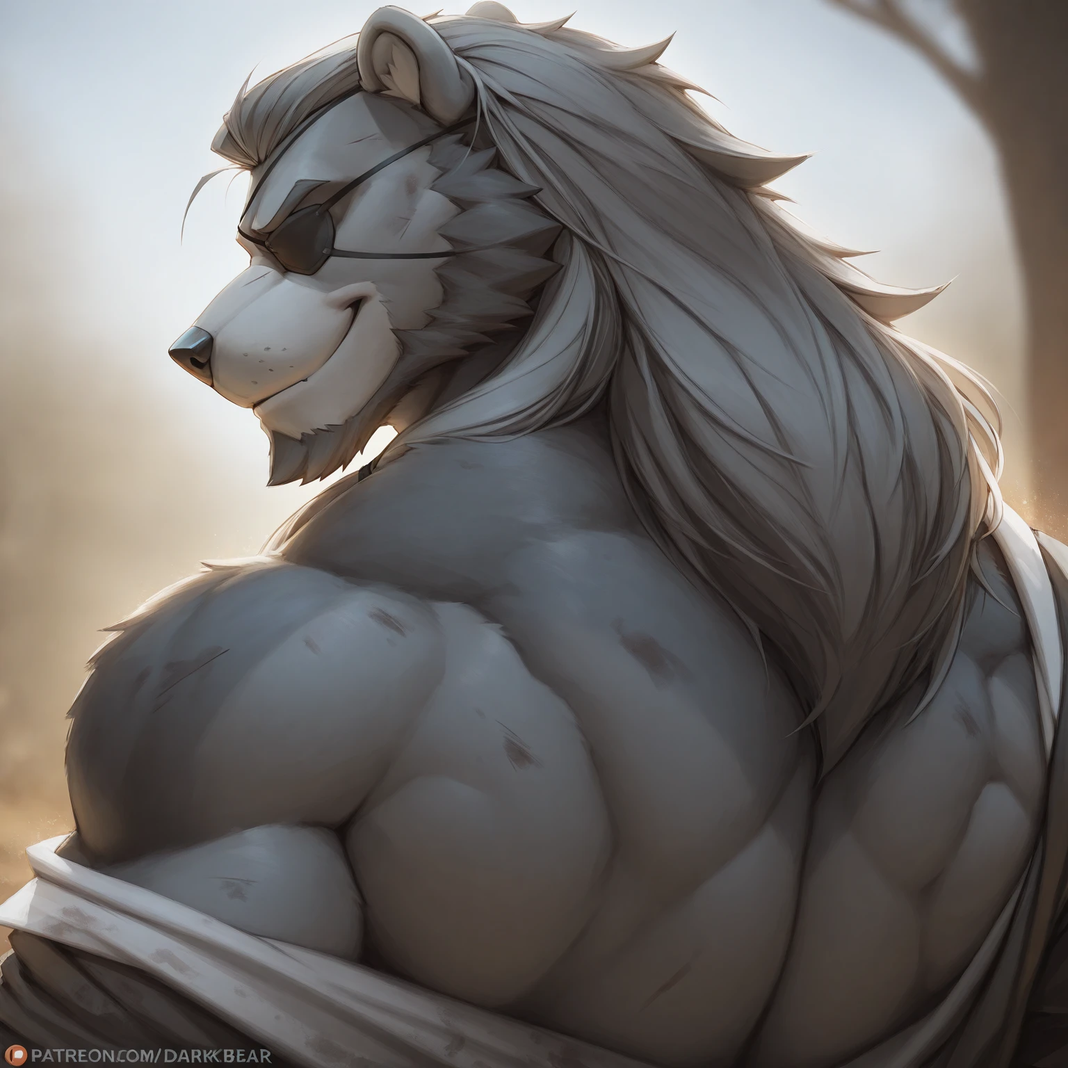 Sweating muscular man in a medieval village，，With furry anthropomorphic chest hair，Serious face（scars in the face） Mature （blue eyes）Big muscles，Ripped abdominal muscles，Wild General，Ambitious，Consider，Uncle vicissitudes，Black Panther