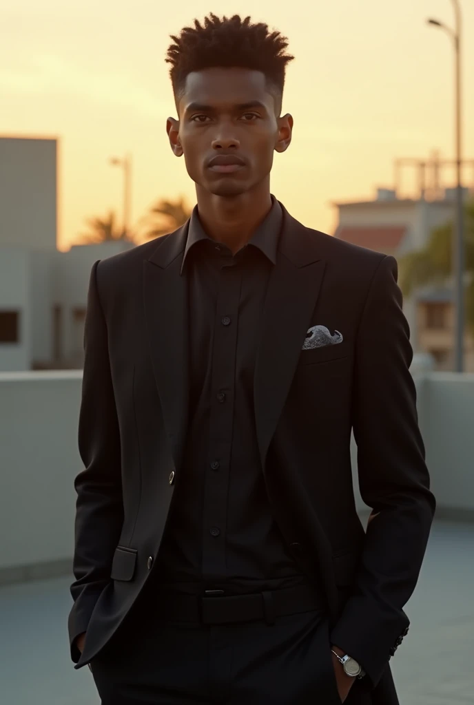 Create an avant-garde fashion scene featuring a male model with African descent, but with the features of David Gandy. The model is an athletic figure with a striking, masculine physique and a captivating presence, dressed in an experimental, artistic outfit that defies conventional fashion norms. The outfit should showcase bold, non-traditional materials and striking, asymmetrical designs. The setting is a futuristic urban rooftop garden at twilight, with sleek, illuminated sculptures and an expansive cityscape in the background. The environment blends modern architecture with lush greenery, featuring soft, ambient lighting that highlights the model's outfit and creates dramatic shadows.

The composition should capture the model's entire body, ensuring that he is fully visible within the 16x9 frame, from head to toe, emphasizing his powerful, elegant, and confident presence amidst this striking urban oasis.

Filmed on ARRI ALEXA 65, Bokeh, sharp focus on the subject, shot by Don McCullin. The atmosphere should exude a sense of artistic expression, with the model embodying the essence of avant-garde fashion—daring, bold, and cutting-edge.

Keywords: beauty, model, elegance, glamour, fashion, stunning, radiant, chic, graceful, confident, striking, flawless, alluring, photogenic, sophisticated, enchanting, captivating, charismatic, runway, editorial, beauty standards, artistic, style, aesthetic, personality, portrait, beauty photography, professional model, fashionista, trendsetter."