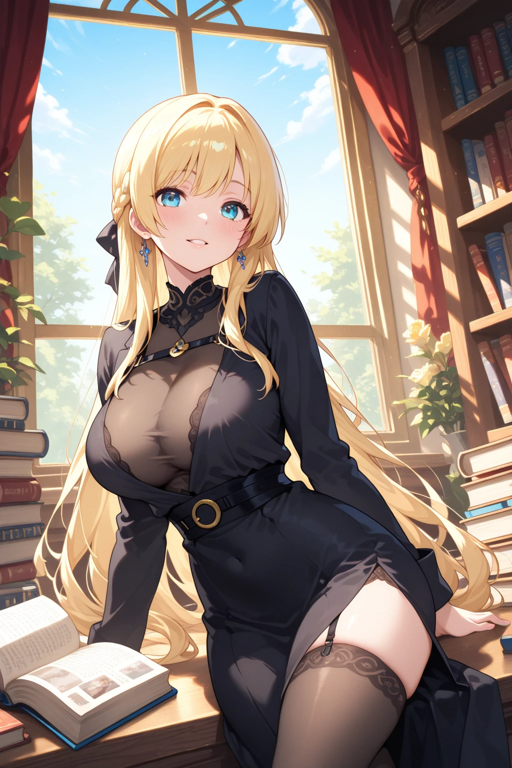 Tabletop, highest quality,figure, wallpaper, Super detailed, Absurd beauty、((1 beautiful girl、16 years old))、(Blonde、Long Hair、Braided hair、Wavy Hair、profile、sitting in a chair reading、Very large breasts、Showing cleavage）、My Room、Casual attire、Summer clothes、Loungewear、evening、Backlight