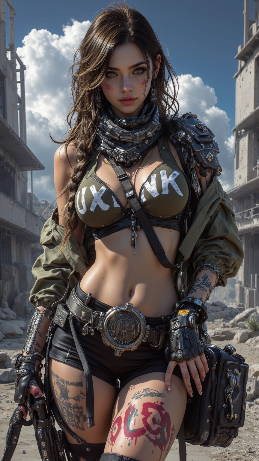 two 11 year old indian girls, one girl with a yellow combat jacket and rifle and with long black hair, patches with radioactive emblems, in a apocalyptic ruin with guns and technology wreckage in the room, cyberpunk helmets next to them, wearing Cat ears, hand guns on side, ripped clothes reveal part of breast, very short top show bottom part of breast, one carrying a cyberpunk gun, cyberpunk theme, her top is short showing just the under part of her breasts ((underboob)), she has a piece of leather armor on her left shoulder, she is holding a gun in her right hand, cyberpunk theme, she is tiny and , she has a very cute face, and other girl is naked, fully naked, her  are small and tight, her pussy lips showing, perky tits