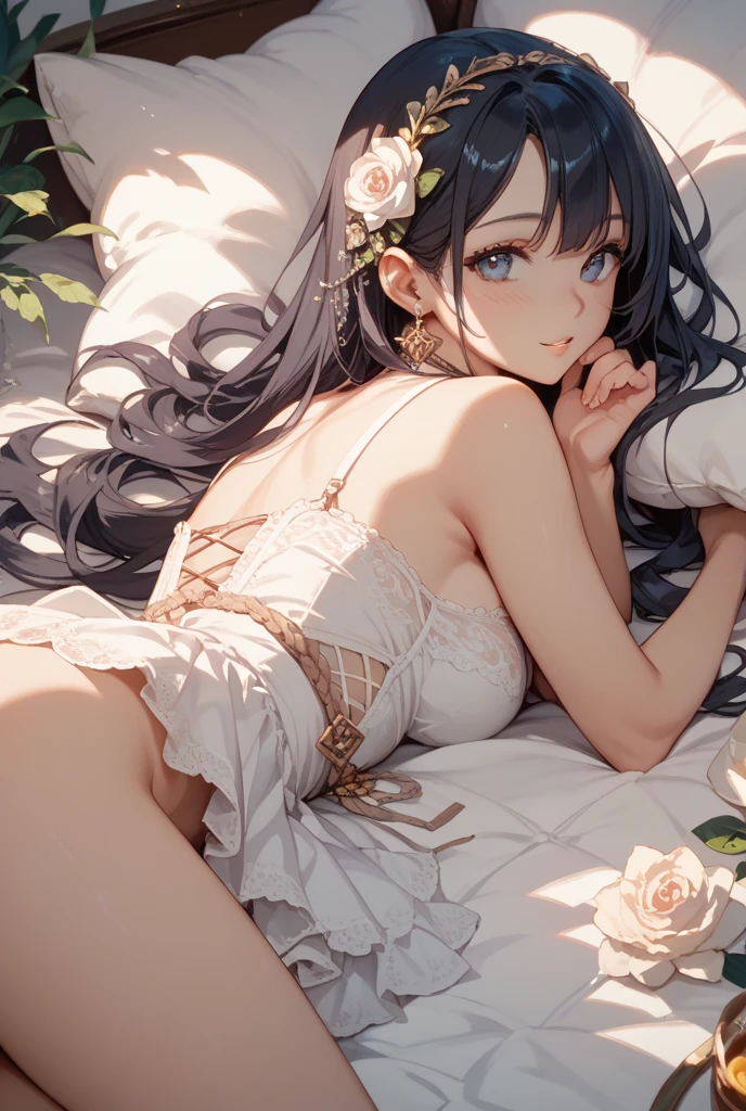 Masterpiece, best quality, (at night on bed), long black hair, ponytail, halo, bangs, yellow eyes, ((bridal lingerie)), (flower head ornament), big tits, (see through nipples), blushing, little smile, lying down, seducting pose, warm lighting