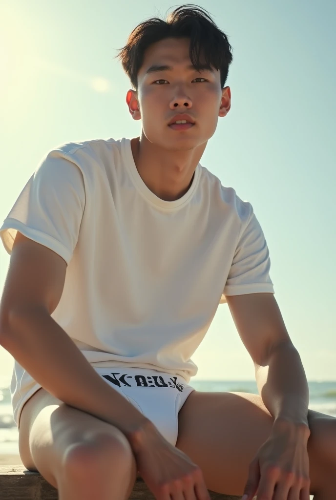 A handsome, muscular young Asian man looks at the camera. In a simple t-shirt black and yellow , Fieldside, grass, beach, sunlight, 