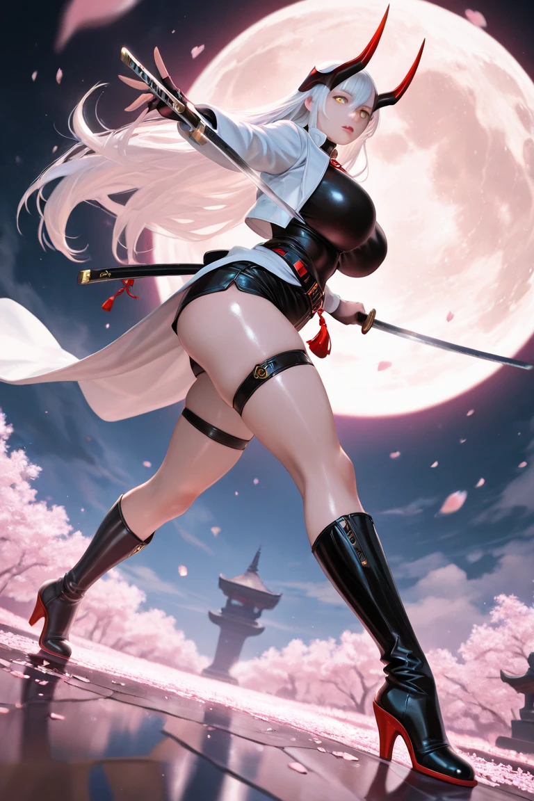 An adult woman half fox and wolf, wide breasts, red eyes, white hair, very angry, in a bikini, on her back, wide ass, looking back, with a sword, and very sexy