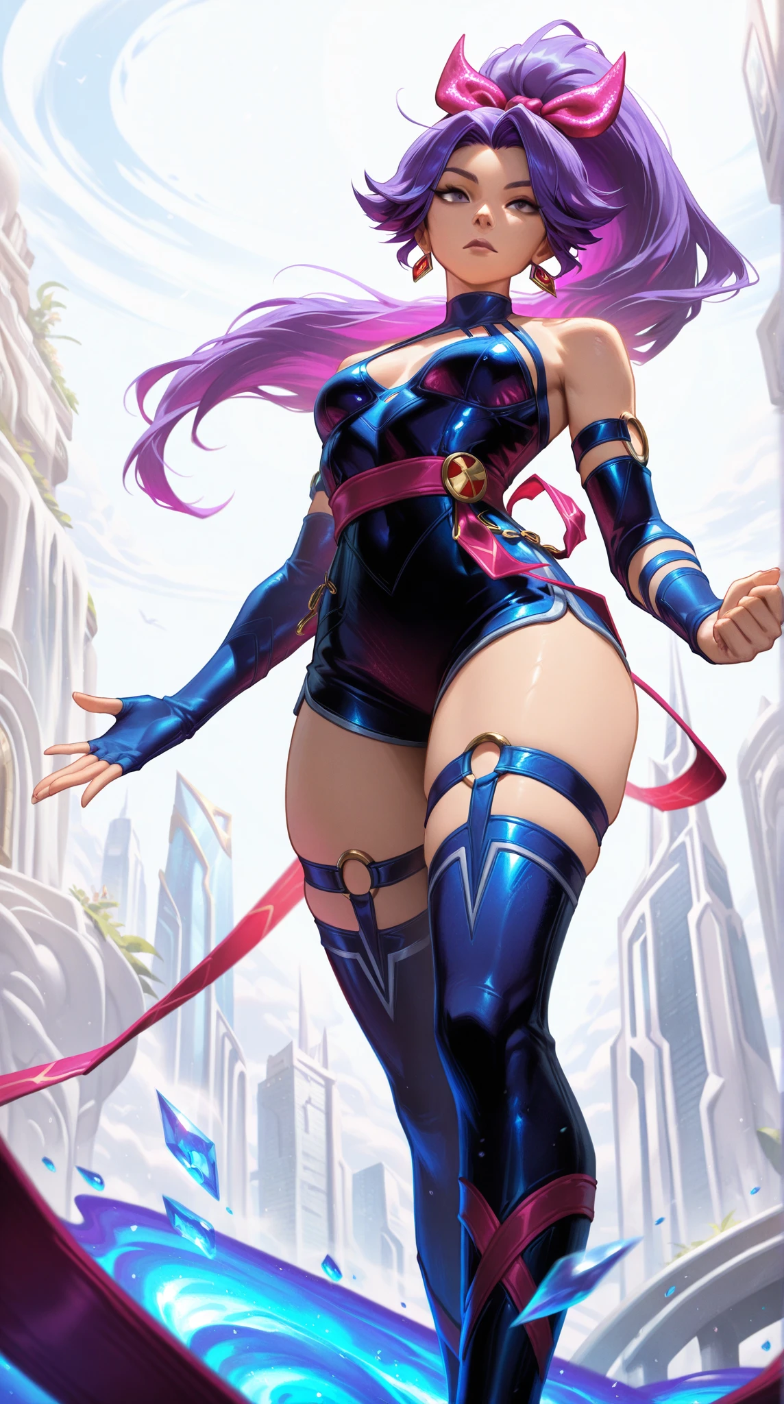 Ninja girl, cleopatra hair, rainbow hair, ponytail hair, extreme muscular body, huge breasts, huge ass, fair skin, fishnets, pink ninja outfit, ninja mask, oni horns and blue eyes.