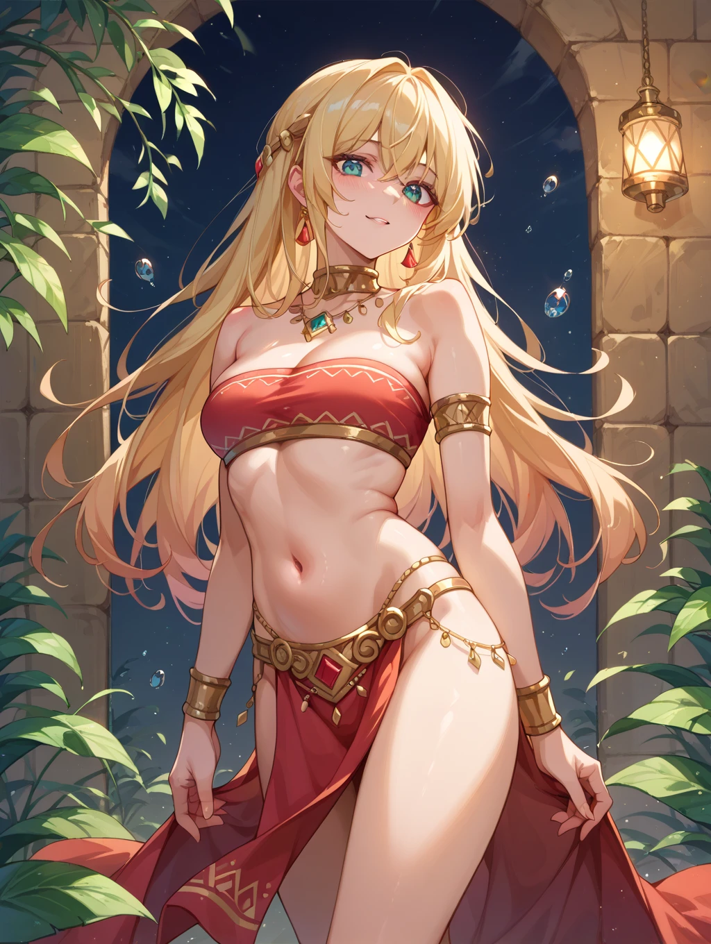 score_9, score_8_up, score_7_up, score_6_up, erina nakiri, long hair, blonde hair, purple eyes, BREAK (masterpiece:1.2), best quality, high resolution, (beautiful detailed eyes:1.3), perfect lighting, (perfect hands, perfect anatomy), hearts, pleasured, large breast, aztec outfit, commercial ad, magic-realism, full body, reflection water