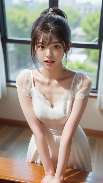 国際universeステーションの内, A woman floating in zero gravity, Japan model with a smile, 23 years old, Thin fabric dress, No sleeve, Simple white dress, Shortcuts, Short Bob, C cup breasts, Leaning back and floating in space, Light comes in through the window behind , The outline shines in the backlight, universe,