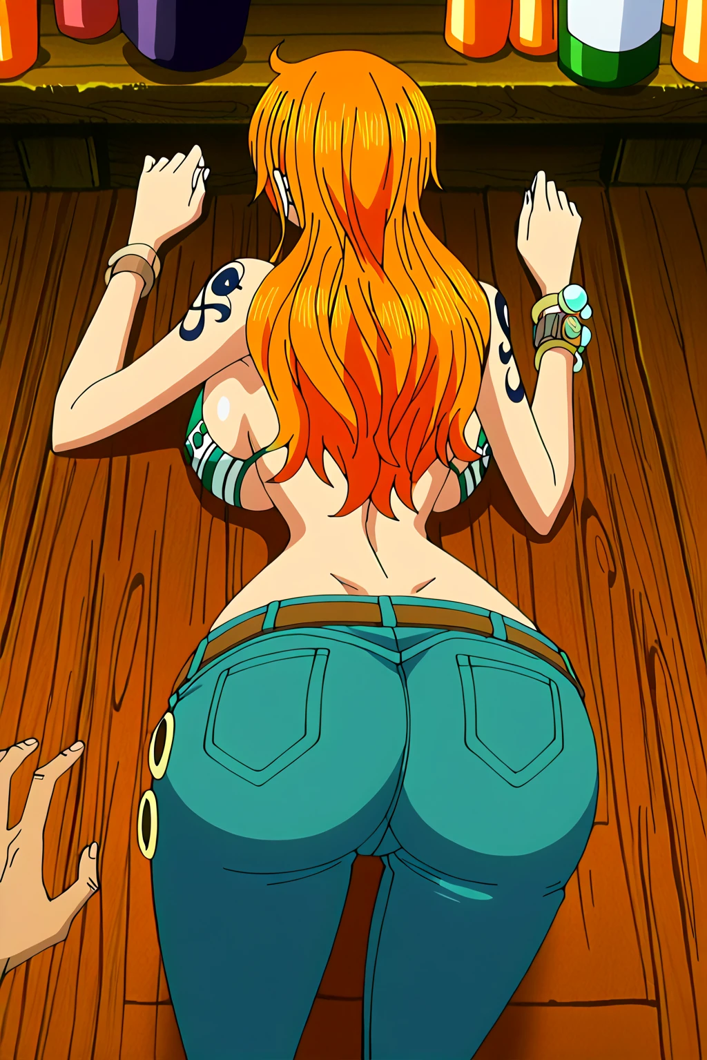 a cartoon picture of a woman in a bikini top and jeans, nami one piece, nami from one piece, nami, beautiful portrait of nami, from one piece, oppai, blue eyes, smoking, ponytail, nsfw