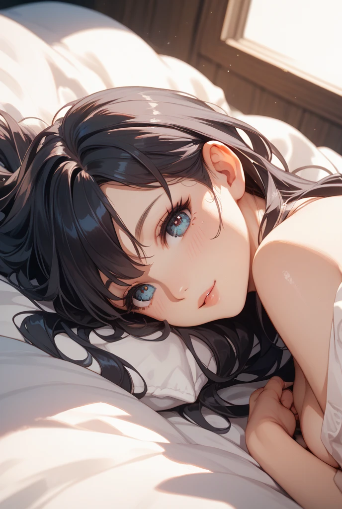 masterpiece, highest quality, One Girl, Thighs, beautiful girl, Flowers, Lots of small petals, Small waist,  Large Breasts、RAWphotograph,The needle is accurate、Face Light, Dynamic Lighting, Ultra-realistic, High resolution, photograph, Sharp focus, Highly detailed eyes and face,Symmetrical face、just out of the bath、Lying on your backに寝る、Lying down、Embarrassing、Happy expression、After bath、Lying on your back、