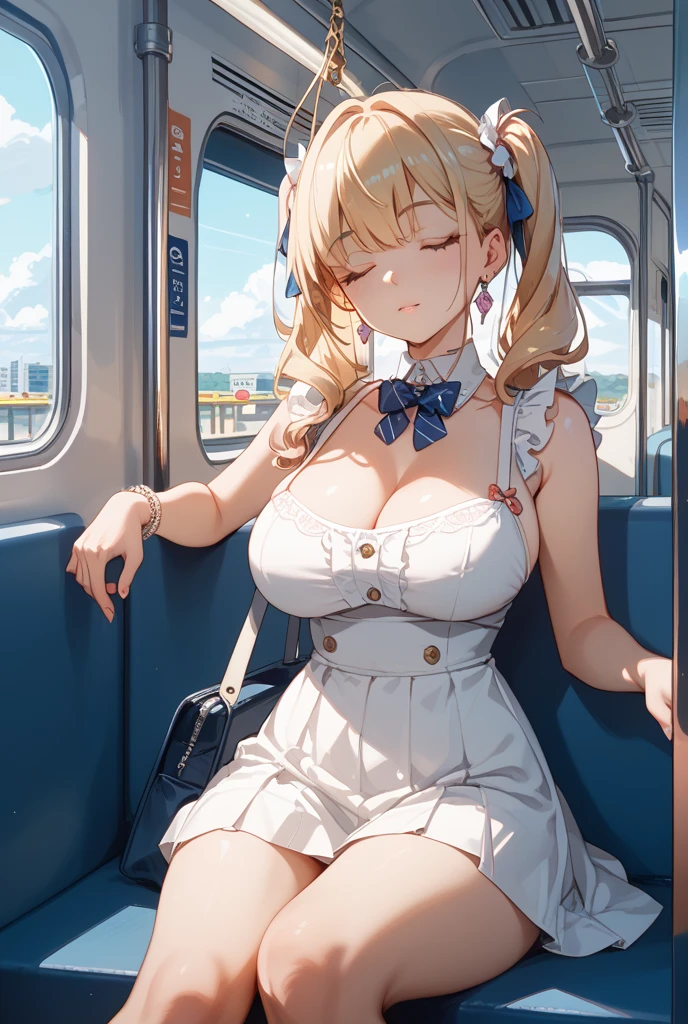 masterpiece, best quality, ultra-detailed, illustration,(1girl),beautiful detailed eyes, looking at viewer, close up, (breast focus), (arms behind back:1.2), (from above:1.1), light blonde hair, (huge breasts),(breasts out:1.3), (off shoulder:1.1),pink underwear,masterpiece,best quality,dutch angle,Ultra detailed,8K,realistic,ultra detailed,highly detailed,physics-based rendering,cinematic lighting,1girls,,naked,crying,pussy, cum,train,on seat,long hair,naked,blank look,