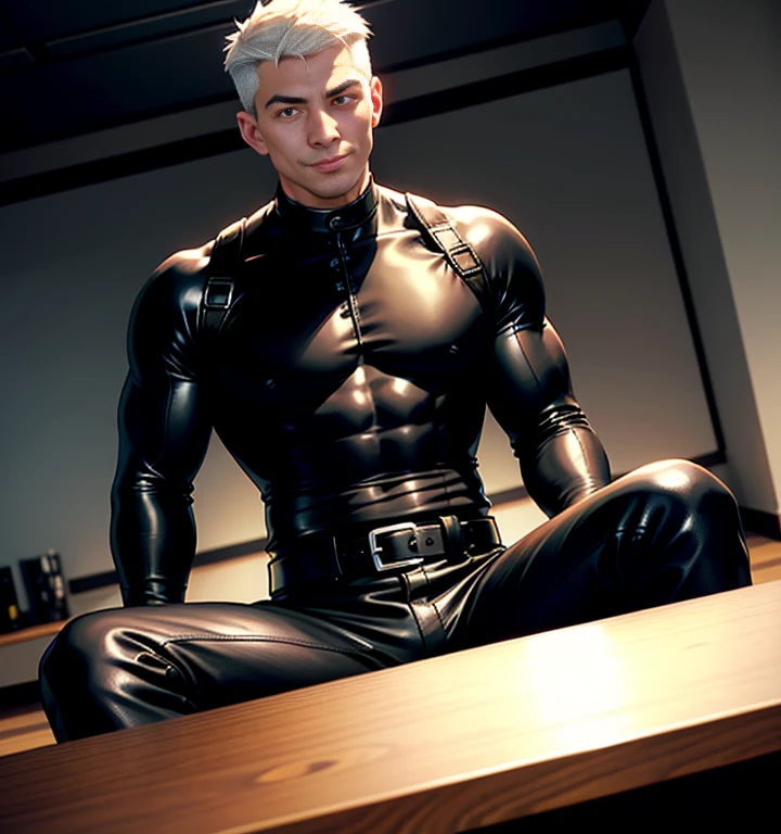 Teen male posing, downed swatpants, big dick, skinny body, atmospheric, cute face, white hair, blood, nude, harness, mask