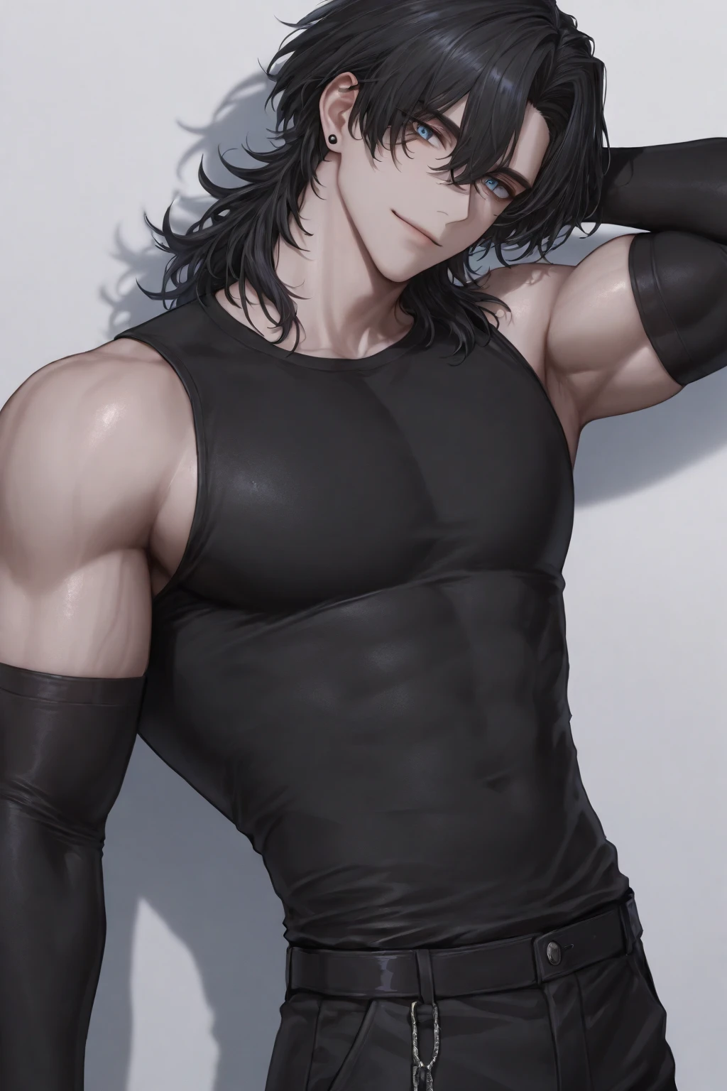 Beautiful boy, white skin, defined body, snow-white skin, yellow eyes, long hair, black hair at the shoulder, seductive look, flushed cheek, corner smile, hair covering left eye, no shirt, flirtatious pose, waist up