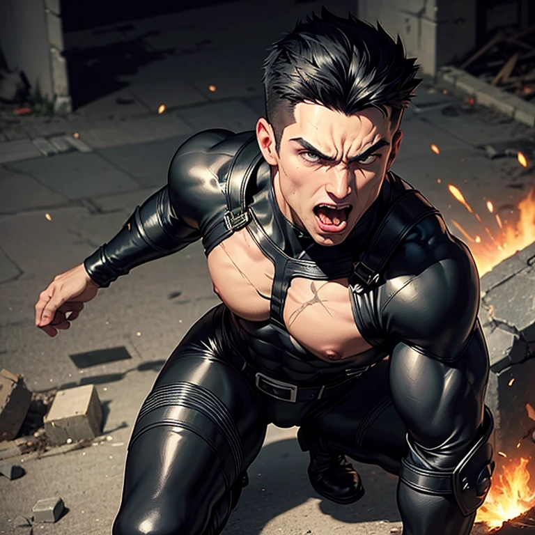 40 years old,One Man,、logic肉質、Black bodysuit、Shocker Belt、Combatant、in battle、In flames、On top of crumbling rubble。Explosions all around、Lie on your back with your legs wide apart、logic,Gay ,Very short hair。The crotch area is bulging、Scream、Painful face、Sticking out tongue。Black sunglasses