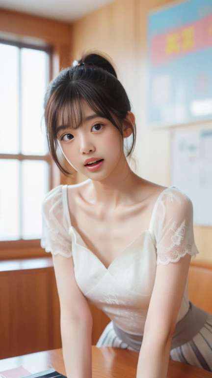 Best Quality, hight resolution, photos realistic, Detailed skin texture, Cute Girl, Shy, Facing the camera, slim figure, ((around 10yaers old)), Charming gaze, japanaese girl, Fair skin, White negligee, youthful Appearance, full body,