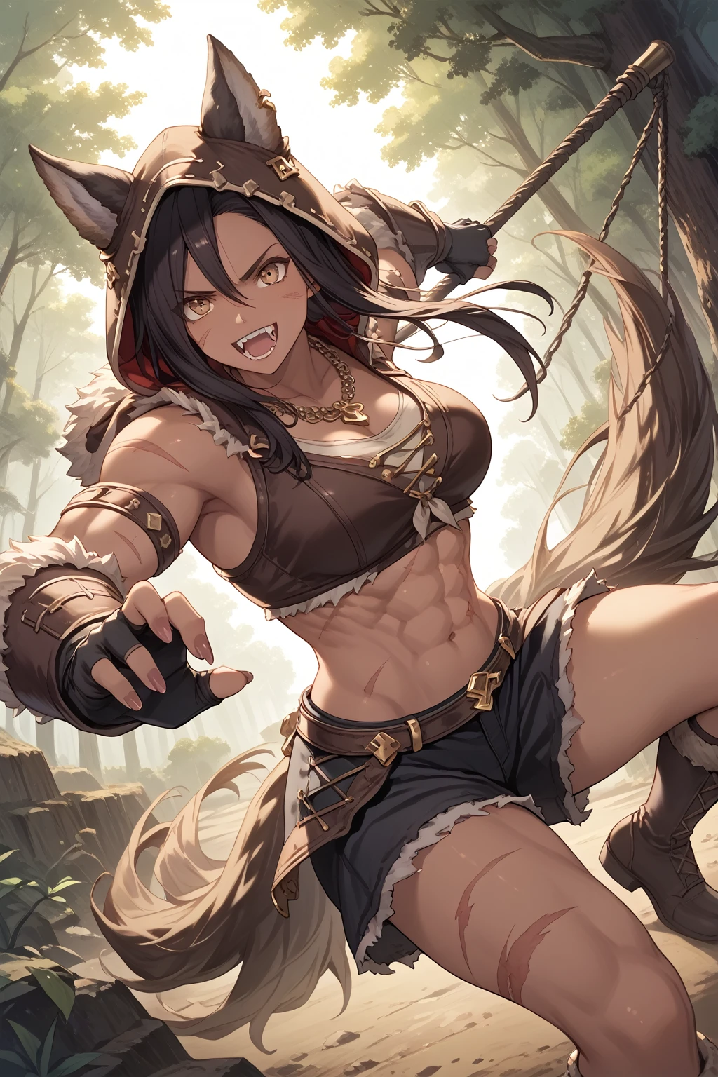 Masterpiece, close up, dark forest environment, thick foliage, trees, woman, intimidating, dangerous, hunter, confident smirk, standing proudly, messy brown hair, bright amber eyes, furry tribal clothing, torn brown clothes, tanned skin, white tattoos, wearing deer skull