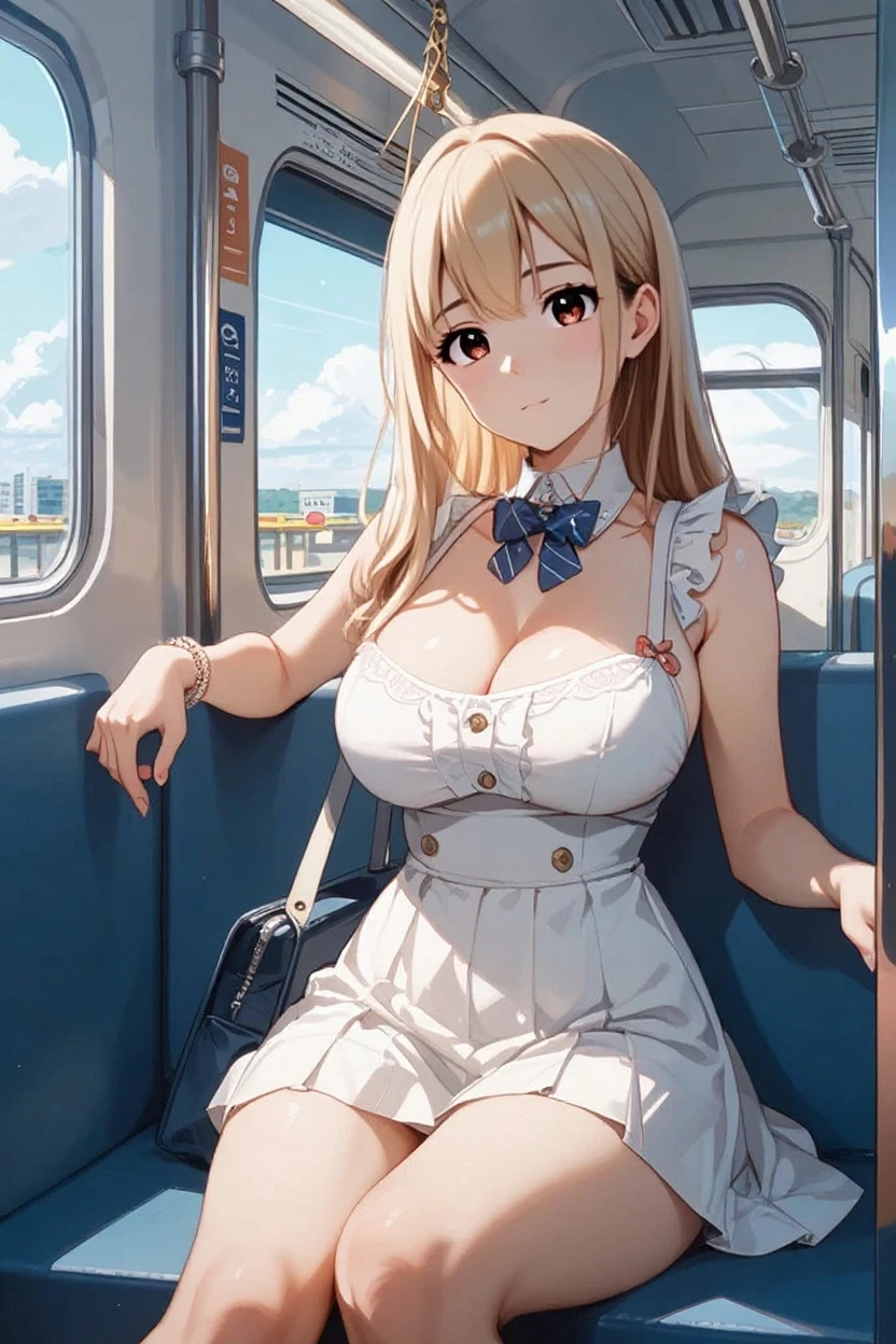 (A Girl sitting with slightly open legs on a bus while showing her white lace thong: 1.6), hairy pubic hair, embarassed reddened face, embarassed smile, (giant tits and giant cleavage: 1.6), twintail blonde hair, teal eyes, Unbuttoned white shirt, Red ribbon necklace, blue pleated skirt, White lace bra, white lace thong, downtown city landscape