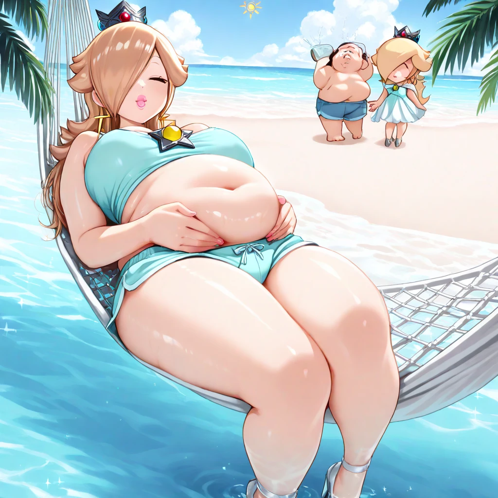 (from behind,arms up)looking at viewer,beach,water,sea,happy smile,kisaragiayane,mature female,Glasses、blonde hair,long hair,wide hip,(gigantic breasts:1.5),(bikini:1.3)