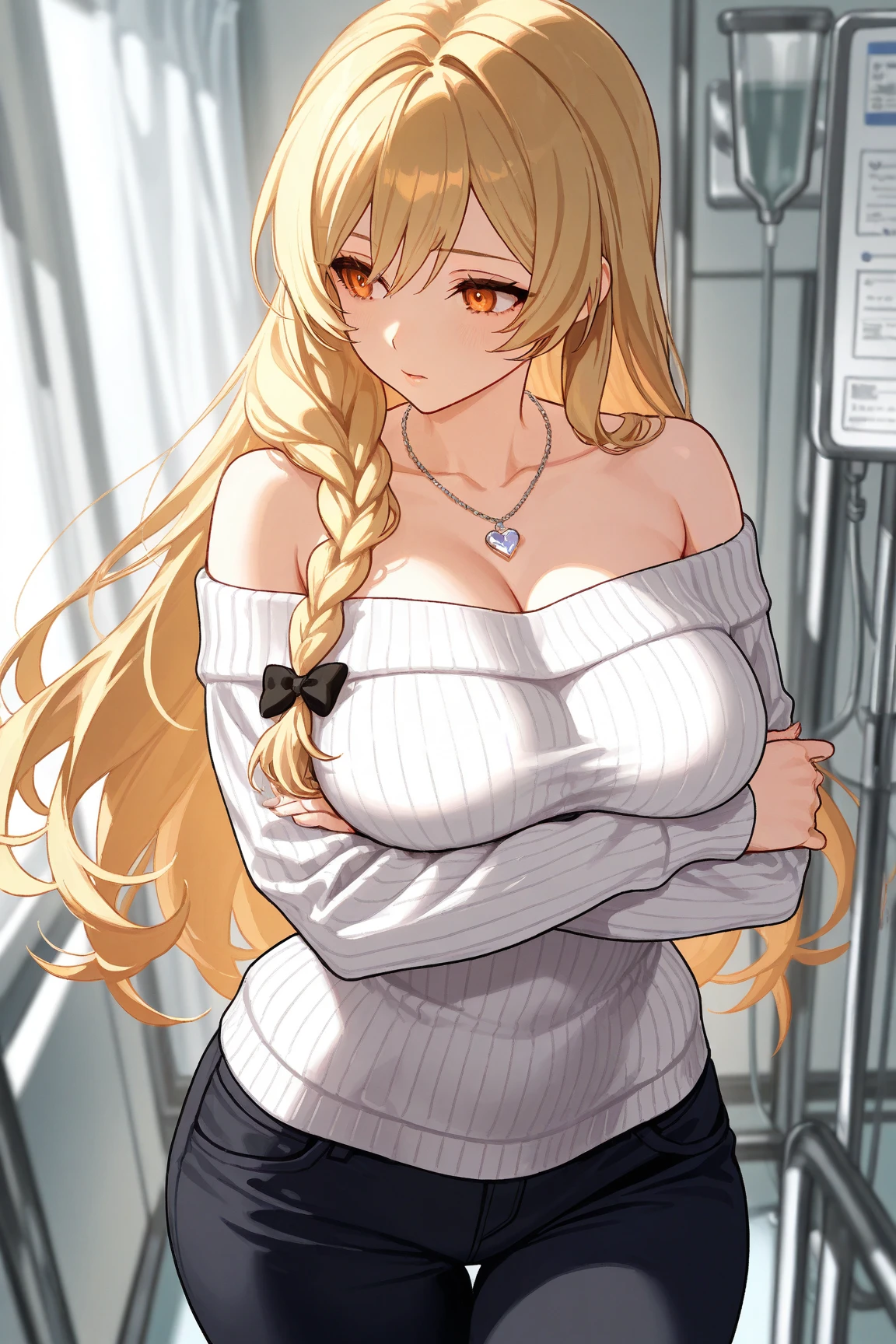 ratatatat74, (、Lewd personality、Face Intense movement、Splattering body fluids）、（whole body、A distant view from an angle、Anime-inspired illustrations、Masterpiece、Absolute quality、Tomorrow) score_9, score_8_up, score_7_up, score_6_up, uncensored, kitagawa marin, 1girl, solo, long hair, breasts, looking at viewer, smile, bangs, blonde hair, red eyes, jewelry, large breasts, multicolored hair, earrings, choker, necklace, black choker, piercing, ear piercing, , BREAK (masterpiece:1.2), best quality, high resolution, (beautiful detailed eyes:1.3), perfect lighting, (perfect hands, perfect anatomy), pleasured, large breasts,,(busty),slim,blush, lewd face, [wide hips], sweater,loose sweater, naked, collarbone, bare shoulders, pantyhose, Black pantyhose, city, night, outdoors