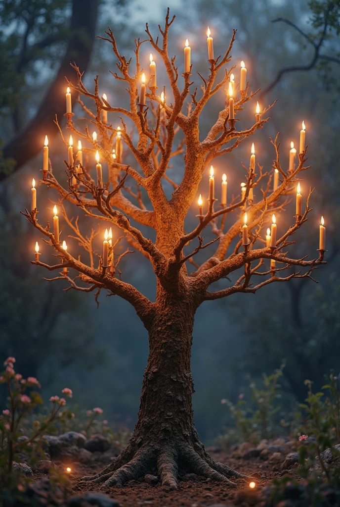 Tree, candles on branches, dark background, quality,