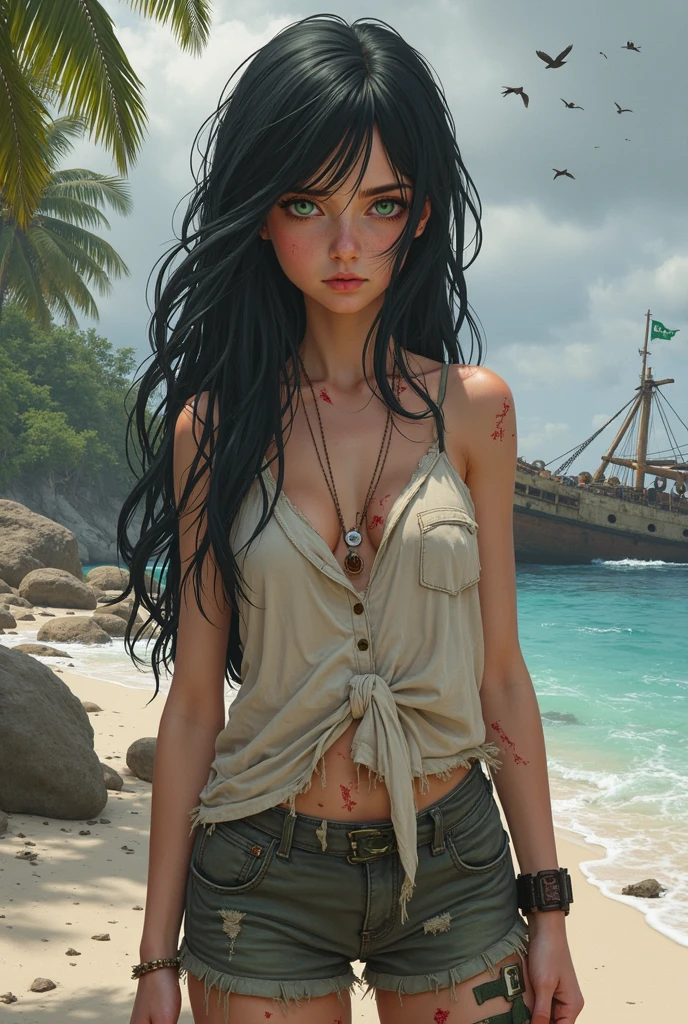(((Zoe Saldana))), (standing in the white sand on the beach by the sea), (small head), ((she wears clothes made of brown jute fabric that only hang in shreds from her body)), (((torn shirt made of jute fabric)), (((torn skirt made of jute fabric))), (((clothes made exclusively of jute and in shreds)), (photorealistic), (ray tracing), (cinema lighting), (sharp focus), natural and realistic skin textures, ((large round breasts)), (big eyes), ((tousled hair)),  ((all the skin and clothes are very dirty)), ((the tattered clothes show a lot of skin under the clothes))
