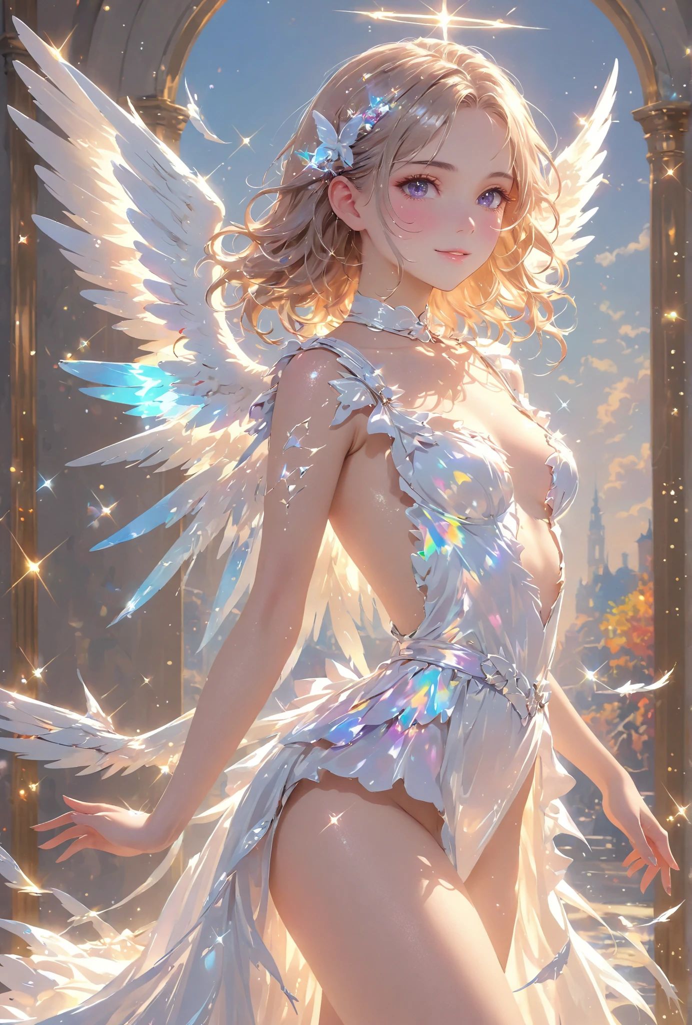 Beautiful transparent flower fairy baby, Transparent colorful wings, The wand flutters in the wind、The wand sparkles with starlight,golden wand,Beautiful blue sky and white clouds、Has transparent wings、smile kindly、Beautiful garden background、Gentle and transparent,anatomically correct, Exquisite pattern,pink rose space, 柔和的light, ( Bokeh),masterpiece, super detailed, epic work, best quality, 8k,Epic Romantic Fantasy Digital Art,Epic fairy tale fantasy digital art,Myth and Fantasy,Ultra HD resolution,detailed detail drawing,realistically,Very realistic,light,Winning photo,colorful,Hyper-realistic and realistic texture,戏剧性的light