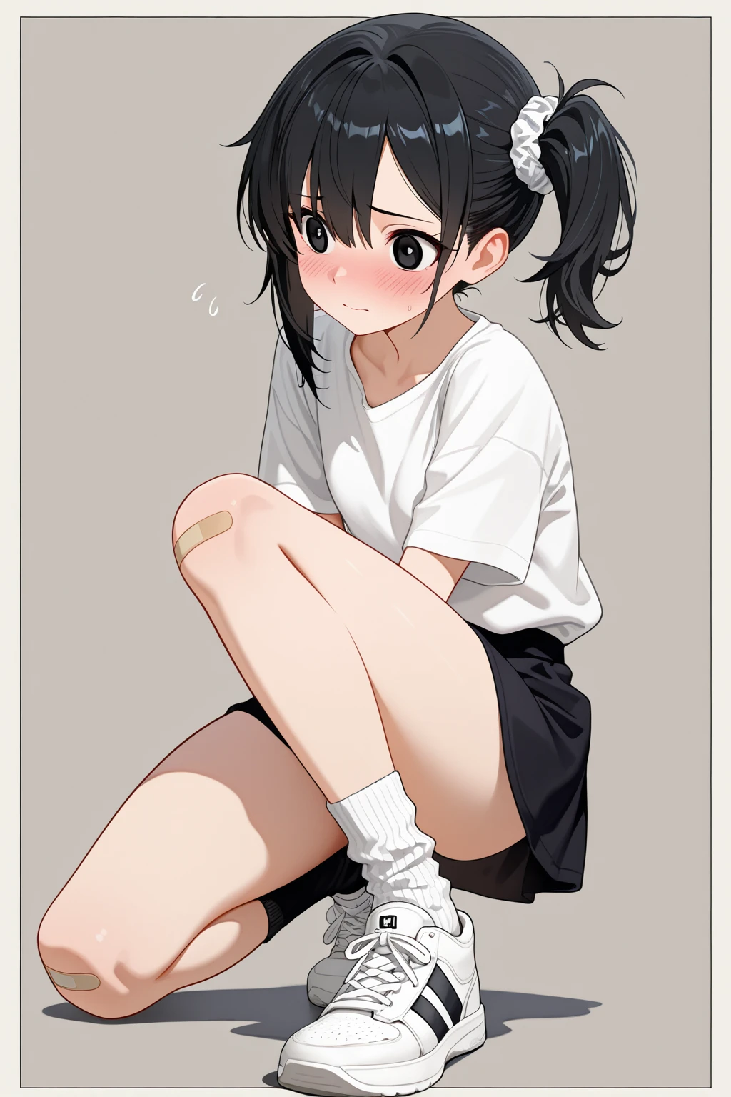 Residential Street,squat,1 ,ponytail,Black Hair,blush,White T-shirt,Olive green shorts,Brown Sandals,White skin,summer,White cap,From below,Cat paw pose,Tempered,Surprised,shy,Sweat,Open your mouth,Troubled face,cry