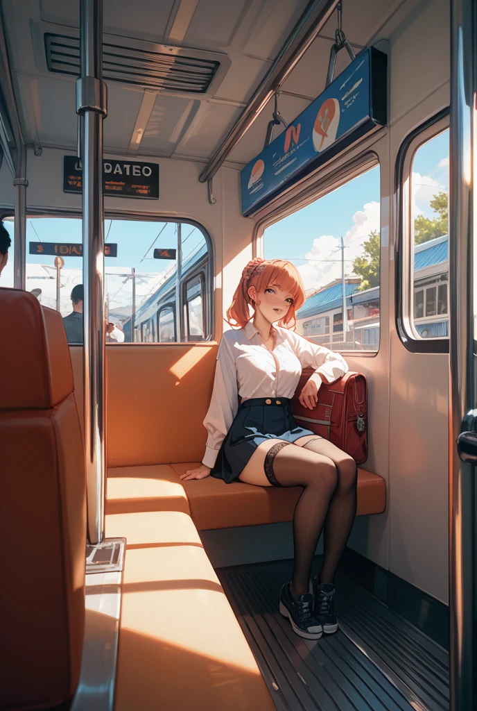 20-year-old women,,Clear images、Real women 、レッド Hair, ショートボブスタイル、She is sleeping soundly with her mouth open.., Slim figure ,Breasts are a little bigger than normal , Head to toe full body shot, Shiny white high heels、 Blouse with ribbon on the chest、Checkered mini skirt, Sit comfortably in the back of the bus, 、私 threw my head back and fell into a deep sleep..,Arms hanging down. I'm exhausted on the way home after work..Sleeping like the dead.My knees are open, Both feet are on the floor, s