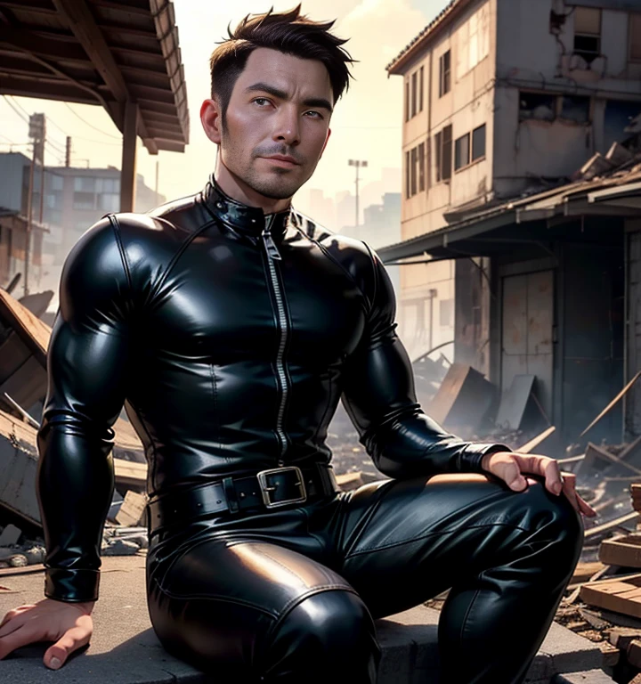 40 years old,One Man,、Handsome、Black bodysuit、Shocker Belt、tall、logic肉質、concrete　logic,Gay ,Very short hair。Sit on the ground with your legs spread in an M shape、The crotch area of the pants is bulging、Black socks　Showing off the soles of your feet　Screaming and suffering face