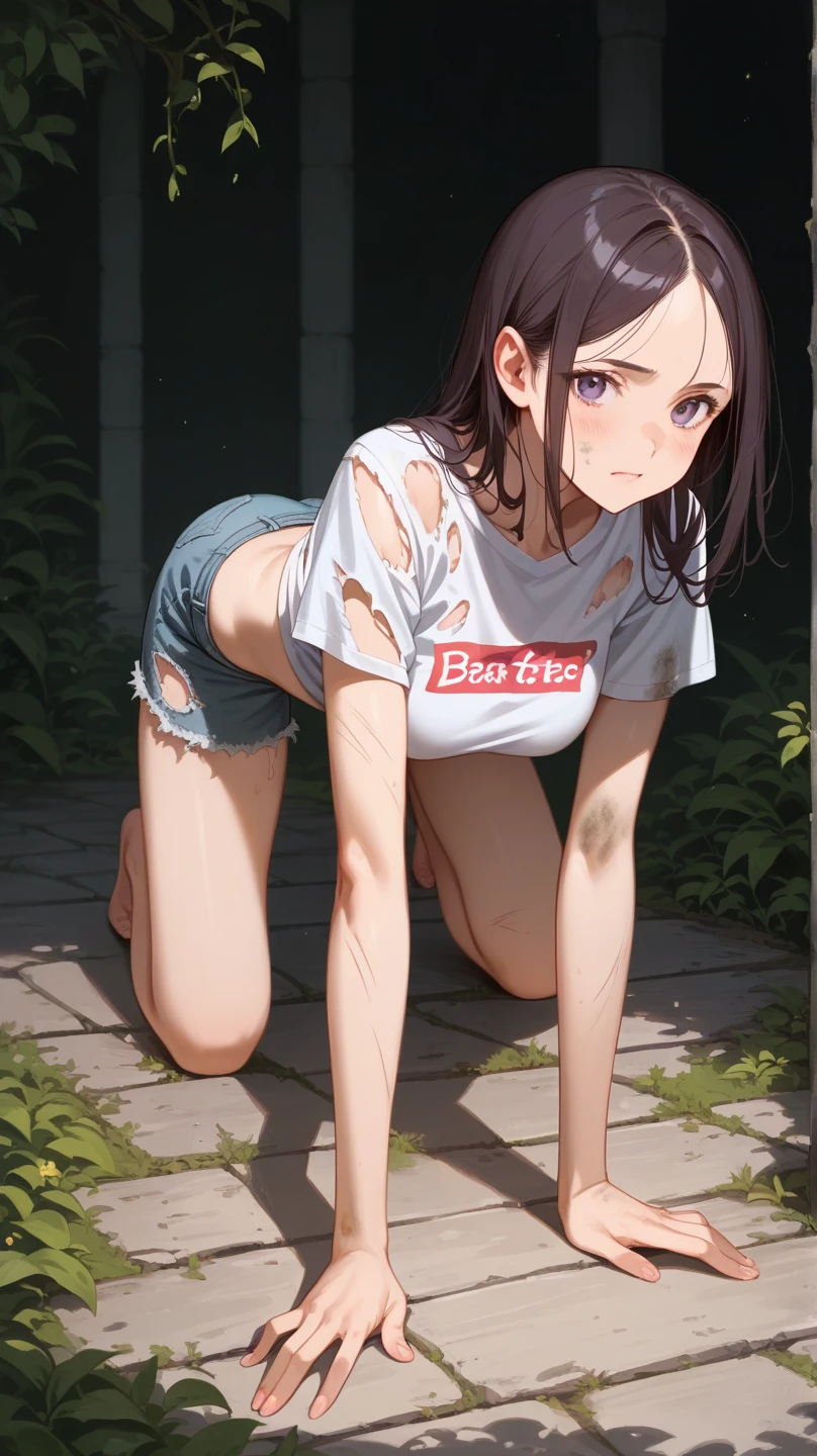 ((masterpiece,Highest quality;1.3,best illustration)),raping,cowboy shot,1woman、独奏,25 year old beauty,((very small head:1.5)),dark brown hair,long hair,bangs,brown eyes,gorgeous eyes,blush,Scared,small breasts,((very long body:1.3)),((toned body,slender body,skinny)),gleaming skin,shiny skin,oily skin,((Injury:1.4)),(wet,Torn clothing、White tight tank top、denim micro shorts)、White sneakers、kneeling,Inside the storage shed、at night、