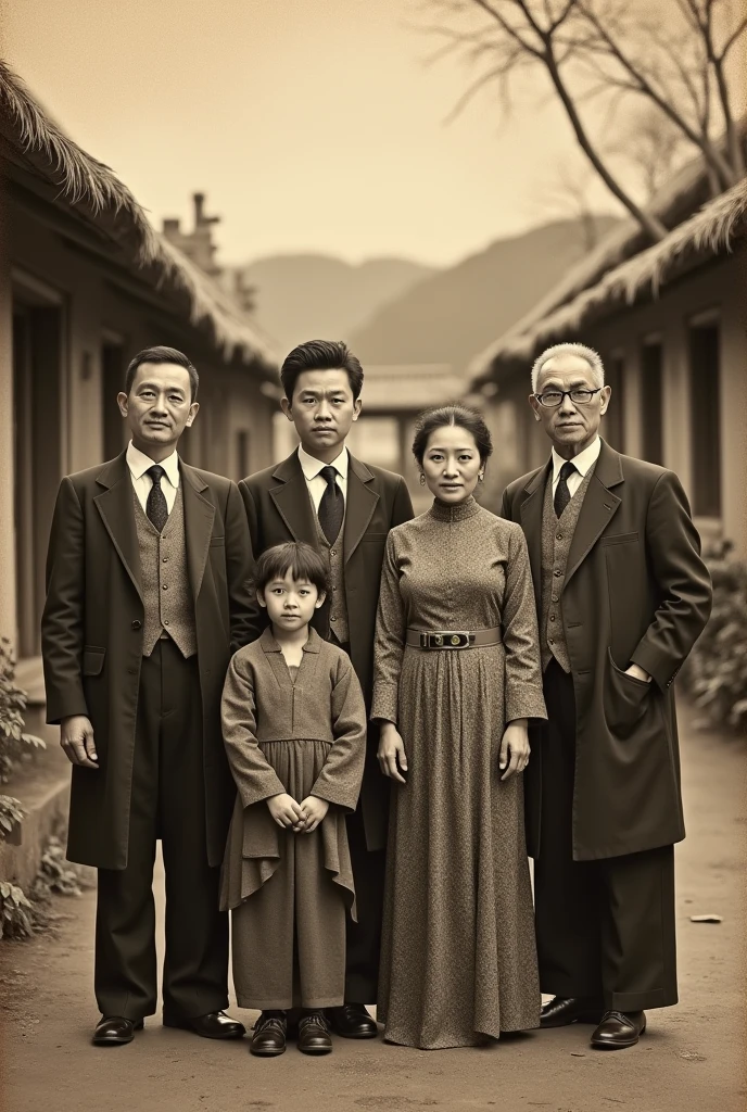 A group photo of a Chinese family,Good facial features,Symmetrical facial features,The ears are symmetrical and clear,Ultra-clear and realistic facial features,In the first row sat Grandpa and Grandma,Grandpa had a black hat on his head,With a hat with a brim,Hat coordination,The texture of the clothes is clear,Ultra-clear texture,Camera shooting effect,Light and shadow are natural,In the second row stood Mom and Dad,Dressed in red is a middle-aged lady,Dressed in black is a middle-aged man,Symmetrical clothes,The collar is symmetrical and coordinated,Ultra-clear realistic 8K,The last one is young men,Very detailed eyes and face,Ultra detail, High definition, Very detailed, Best quality, Masterpiece, , Realistis, Real, 8K wallpaper,Background details for foreground objects (Masterpiece: 1.2) (Photorealistic: 1.2) (Bokeh: 1.2) (Best quality) (Color grading) (Detailed skin: 1.3) (complex) (8K) (hdr) (Movie lighting: 1.3) (Sharp focus), Glossy glossy skin, Front-facing Ultra HD, Digital SLR, Soft lighting, High quality, film gram, Fujifilm XT3 skin texture, filmgrain, Close up, 超高分辨率,
