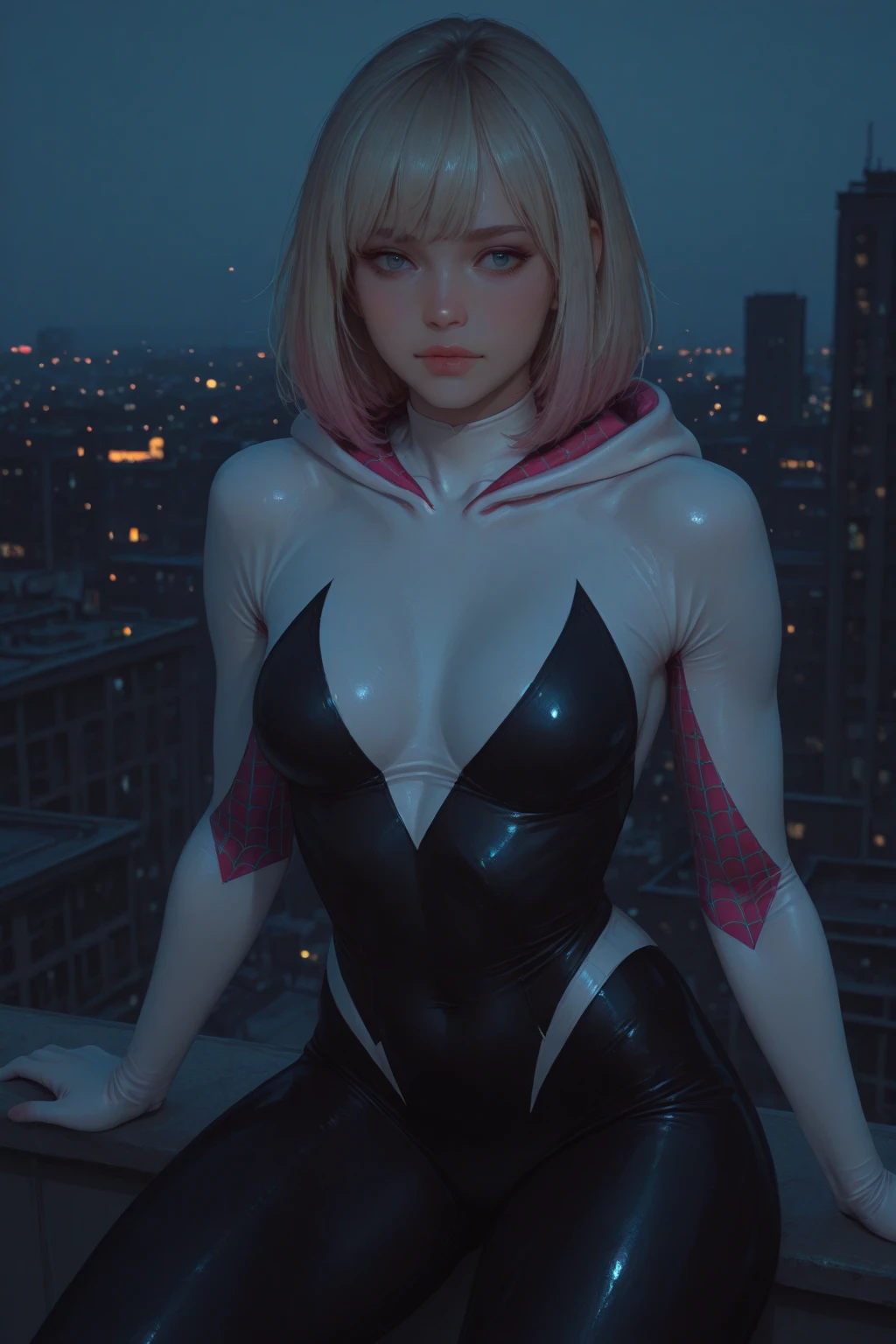 (Highly quality, masterpiece, detailed), city detailed scenario, city detailed background, solo, gwen, spider gwen, gwen, spidergwen, hooded bodysuit, blonde hair, multi colored hair, short hair, hairband, 1woman, crop top, navel, on top of a building, perfect face, beautiful eyes, look at the viewer, Sexy pose, at night, cameltoe view, cameltoe,