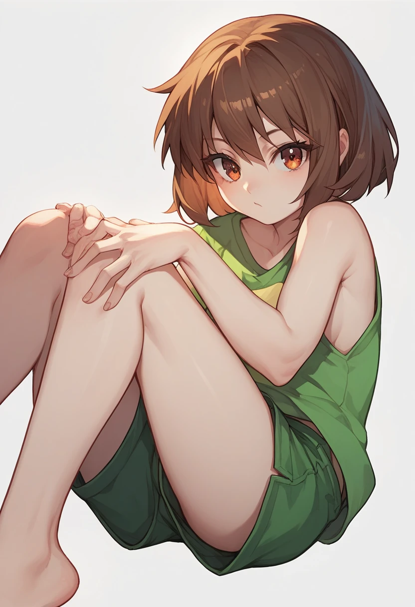 masterpiece,natsuiro matsuri,1girl,orange jacket,black camisole with light green ribbon,green hair ribbon,open shoulder,navel,ahoge,brown hair,green eyes,side ponytail,small breasts,flat chest,evil smile,holo live, bottomless, masturbation