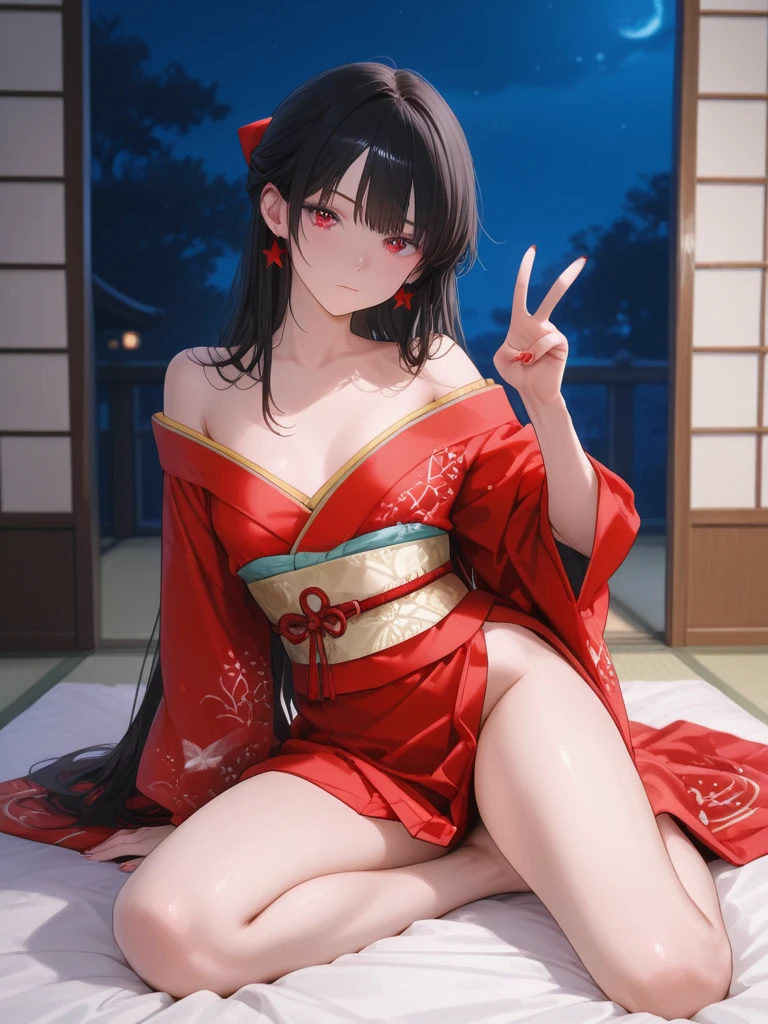 ((highest quality)), ((masterpiece)), (be familiar with), perfect face high quality adult erotic beauty cute girl beautiful girl appearance（Shy expression, dark brown hair, long hair, wearing a hair ornament, big breasts, pink nipples, beautiful legs） Pause(Opening the kimono Showing the nipples Touching the breast with the left hand Touching the pussy with the right hand Do not hide the pussy Write about the pussy in detail Show the clitoris Masturbating Spread the legs Leak pee Get wet Spray semen on the face（cum） Incontinence, climax, writhing in pleasure） place（Hotel, on the bed, warm lights, bewitching atmosphere, night, late night, dark）There is underwear nearby. Correct the deformity.