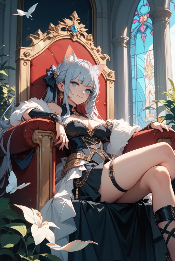((best quality)), ((masterpiece)), (detailed), ((highres)), In lavish manor library, laying in books, long curly white pig tails. Fluffy white cat ears. Long white cat tail on butt, 1catgirl, 20 year old, Curvy body, shy, timid, scared, nervous, Blushing. Lewd mage robes. Heterochromatic eyes, one teal eye, one purple eye. No shoes. No socks, black ripped thigh high leggings with pink pawpads on feet,