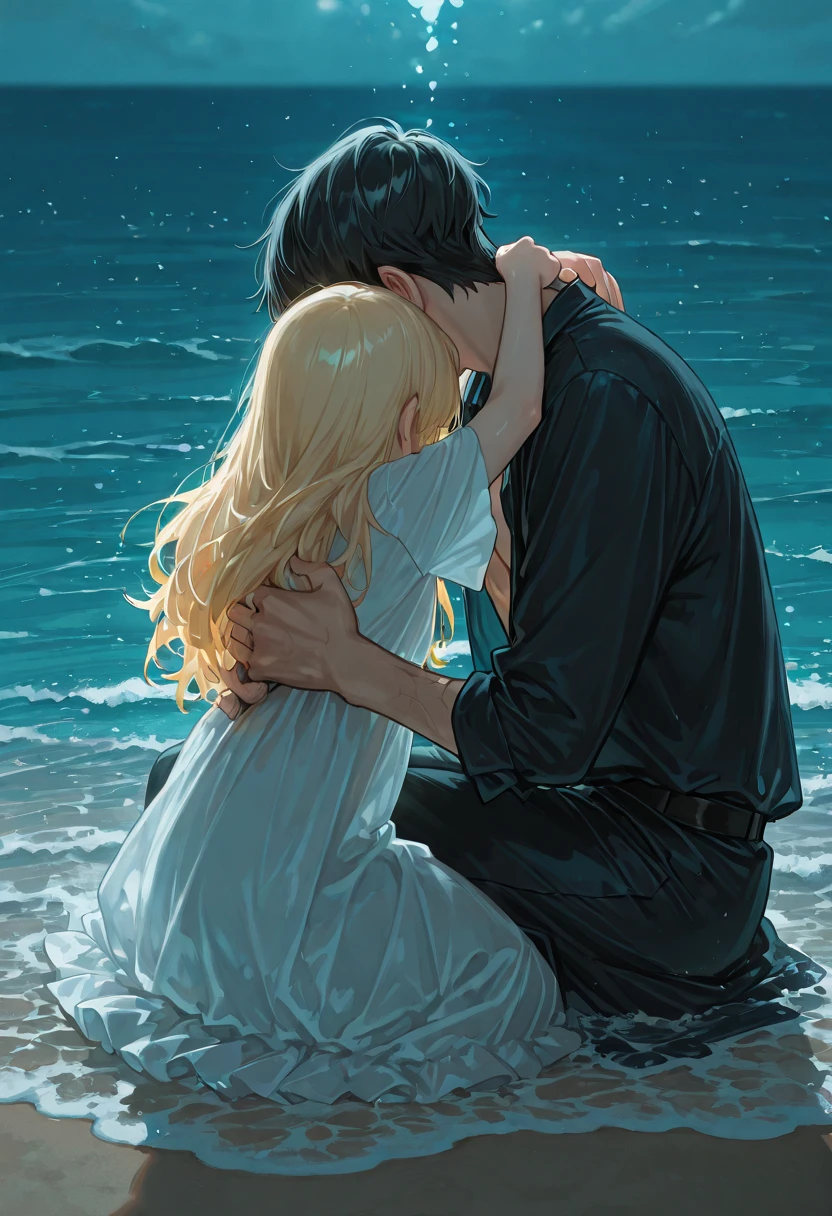 a girl with wavy hair crying in the arms of an older boy comforting her