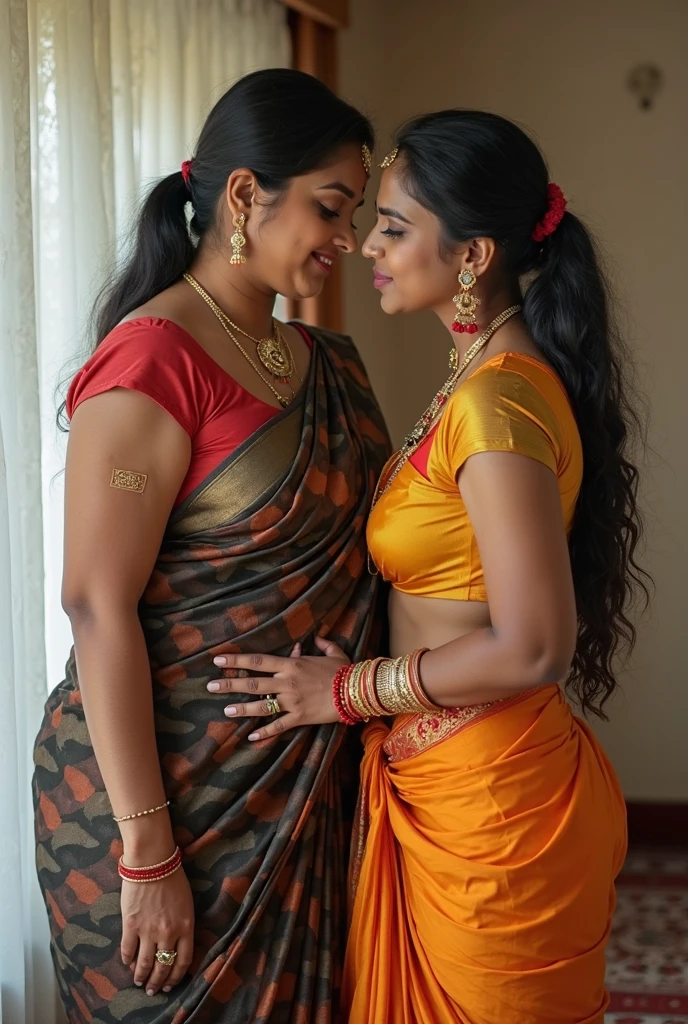 Fair skin Indian mom with 60 years of age in saree with big kissing young boy