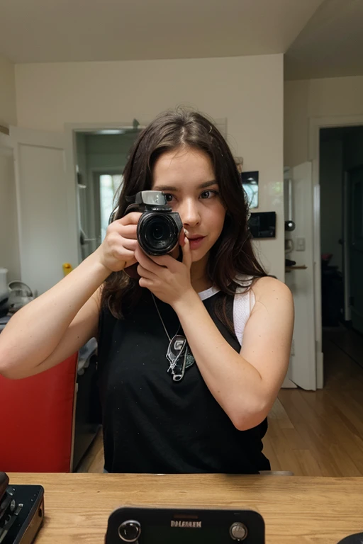 garota e-girl, taking a photo in front of the mirror holding the cell phone with your hand while partially hiding your face, The indoor environment is a bit dark and is only lit by LEDs.