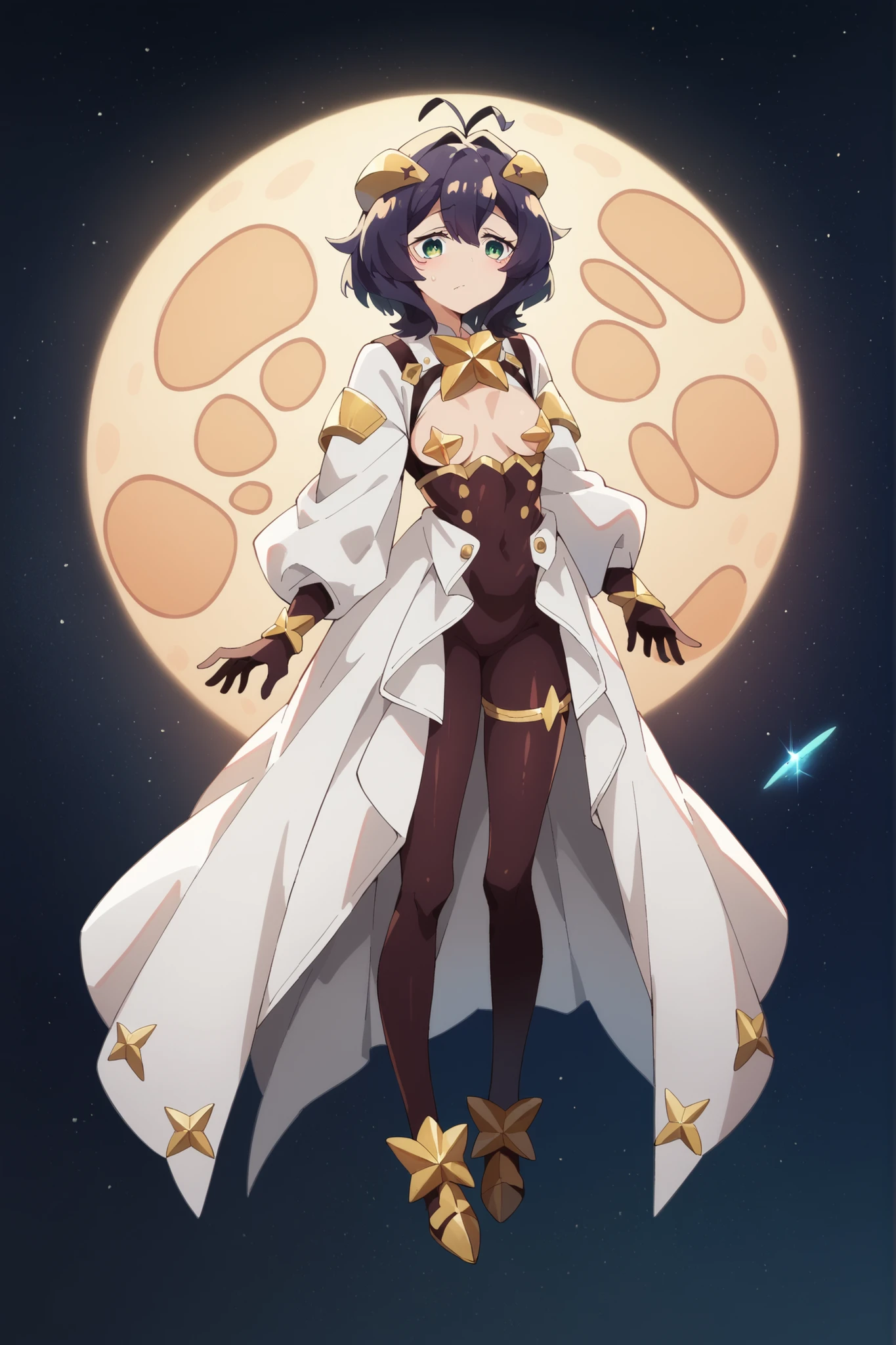 Full body depiction, forward facing, overacting, Hiiragi Utena, wearing an enamel type white plug suit and ready for battle, outer space, behind is the entrance to another dimension, at the entrance is a female executive of a secret society ready for battle,