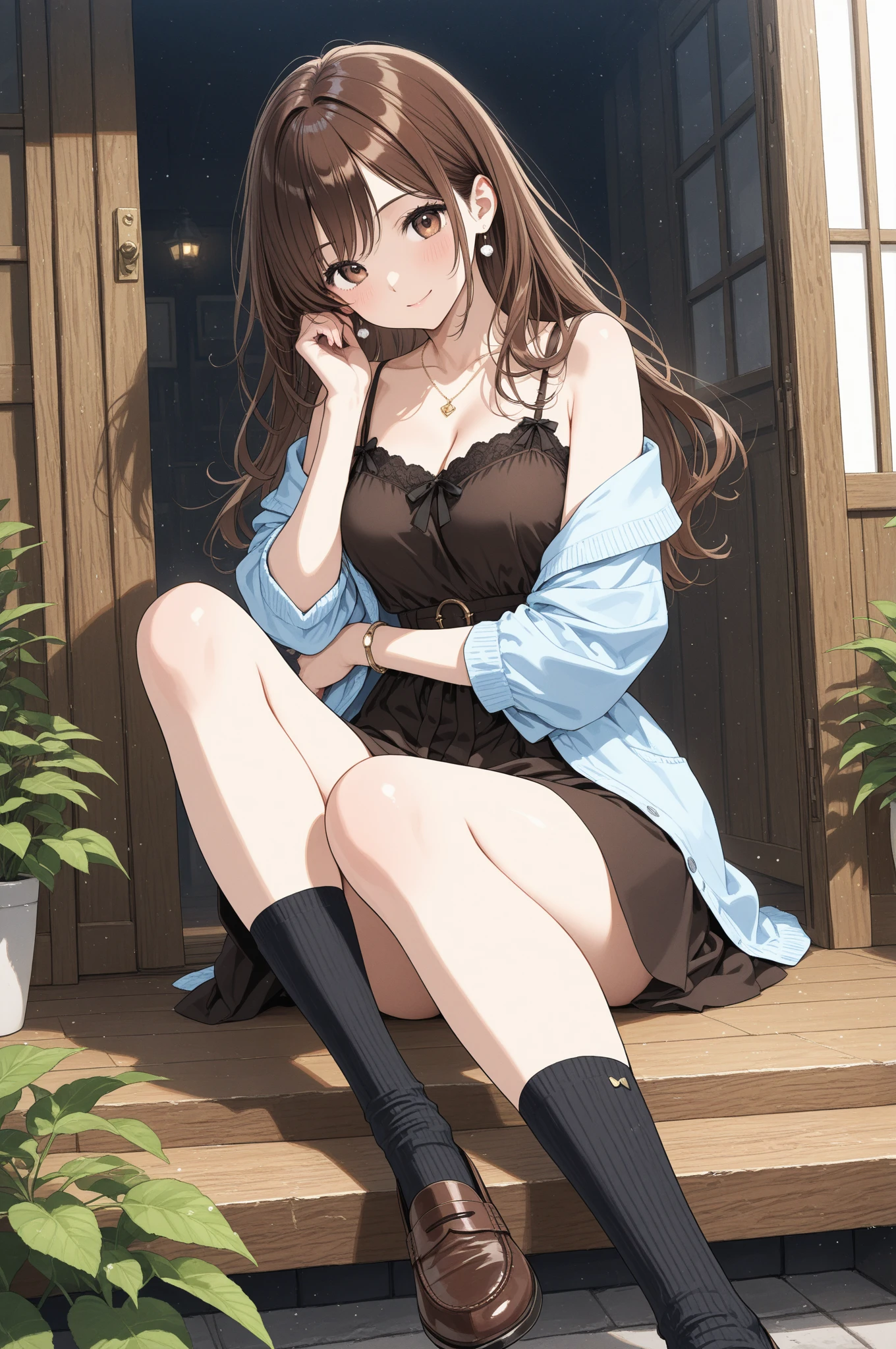 Hi-Res、masterpiece、Chizuru Ichinose、Brown hair、Soio、Female one、outside of house、细致背景、A detailed eye、((Brown-eyed)),Beautiful and perfect legs, Clean and perfect hands