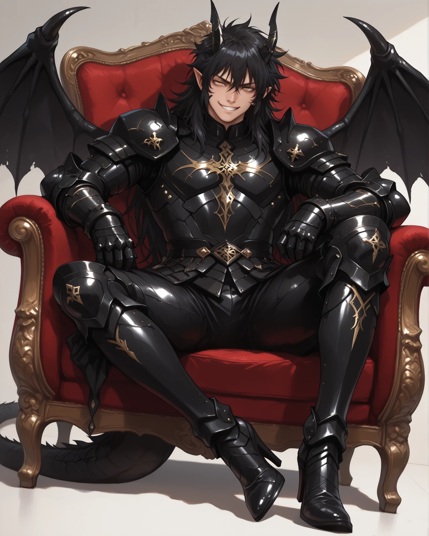 score_9, score_8_up, score_7_up, absurdres, ((128K Ultra High Resolution)), (masterpiece, best quality: 1. 5), (high definition: 1, 4), highres, 8K wallpaper, (excellent graphics: 1. 5), CG, (((Japanese Anime style))), (Black Saint Seiya), (1 male), solo, ((lean body, masculine)), weredragon, (glossy black, shiny black leather), ((beautiful golden eyes, finely detailed eyes, bright eyes, slit pupils)), hair between eyes, black hair, long hair, sideburns, wild hair, (sly grin, sinister grin, smirk), teeth, confident, (((ultra detailed face))), shiny skin, long pointy ears, twisted torso, long-legged, sculpted face, wasp waist, dragon horn, dragon tail, dragon wings, dragon sharp claws, (black armor with a lot of grandiose decorations: 1. 5), half dragon half human, (sit cross-legged, closed legs, sit sideways, luxury carved red plush velvet chair: 1. 5), (dramatic angle, dynamic pose: 1. 5), (ultra detailed black armor, well-polished black armor: 1. 5), (gold-adorned armor: 1. 5), all black outfit, full body, emphasize face, sharp focus, good-looking man, (best illustration, highly detailed artwork: 1. 5), (cinematic), dramatic lighting, (intricate detail, extreme detailed, super detailed: 1. 5), (stark contrast, heavy shadows: 1. 3), detailed black decorations, beautiful & aesthetic, photoreal, (from side), (mysteriously crafted black metal armor: 1. 5), thick & luxuriant hair, (ultra detailed fantasy black armor, wonderful black armor: 1. 5), (realistic metal texture), broad shoulder, true-to-life visuals, artistically refined, (extremely delicate & beautiful armor, elaborate armor details: 1. 5), (giant black armor, dark armor, stylized armor: 1, 5), (((armor-type high heels))), (extremely detailed armor with intricate engravings, intricate armor with gold ornaments: 1. 5), ((very gorgeous and dazzling)), (dark fantasy black knight: 1. 5), slim waistlines, wide chested, sinewy body, (Hyper Detailed & Perfectly Designed Black Armor: 1. 5), (simple white background)