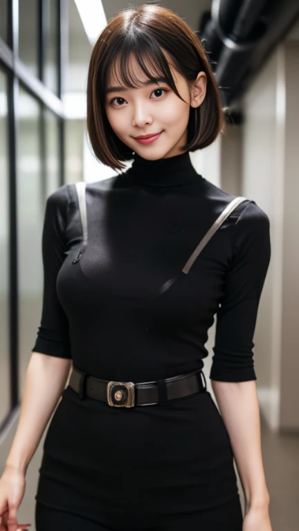 Highest quality、masterpiece、8k、Very detailed、Realistic、One girl、Looking at me with a smile、Black Hair、Short Hair、Small face、Slender、Big Breasts、Thin and beautiful legs、narrow and constricted waist,、(Open center tight shirt:1.5)、Tight Skirt、Dressed like a female teacher、(Erect nipples:1.2)、(50 years old:1.2)、(Wrinkles around the eyes:1.2)、(wrinkles around the mouth:1.2)
