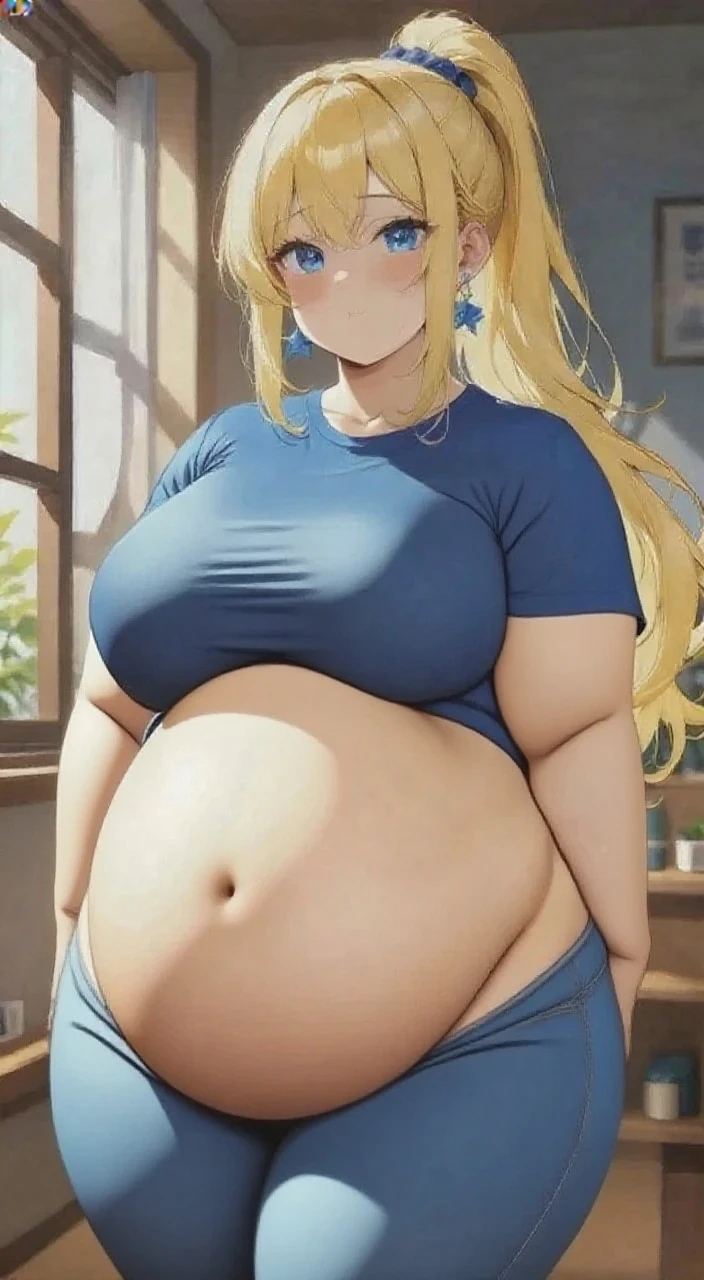 masterpiece, best quality, ultra-detailed, illustration, epic lighting, cinematic composition, isometric, 1girl, red eyes, long blonde hair, red_bra, red_shirt_skirt, standing in the doorway, leans on the doorway, won't fit through the doorwaylarge_chest, close to the viewer, looking at the viewer, fat belly, fat body, big fat thighs, fat rounded hips, massive belly, fattening girl, fatty, (big belly:0.4), (massive belly:0.4) won't fit through the doorway, she stuck in the doorway, shy tryied crawl through, embarrassed