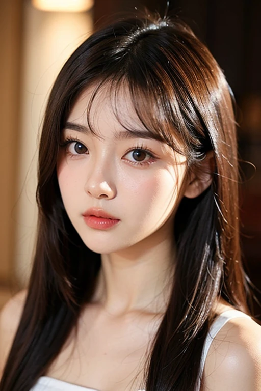 (RAW Photos, Highest quality), (Realistic, Realistic:1.3), Tabletop, Angry face, Very delicate and beautiful, A soft light is hitting her from the front., (Brown Hair, Straight shoulder-length hair fluttering in the wind), Beautiful detailed girl, (Detailed fingers), Highly detailed eyes and face, Beautiful and detailed nose, Beautiful attention to detail, 1 Girl, Japanese, Pure beauty, cute, (Half Body:1.3), Realistic face, Realistic body,Her eyes are looking away from the camera。