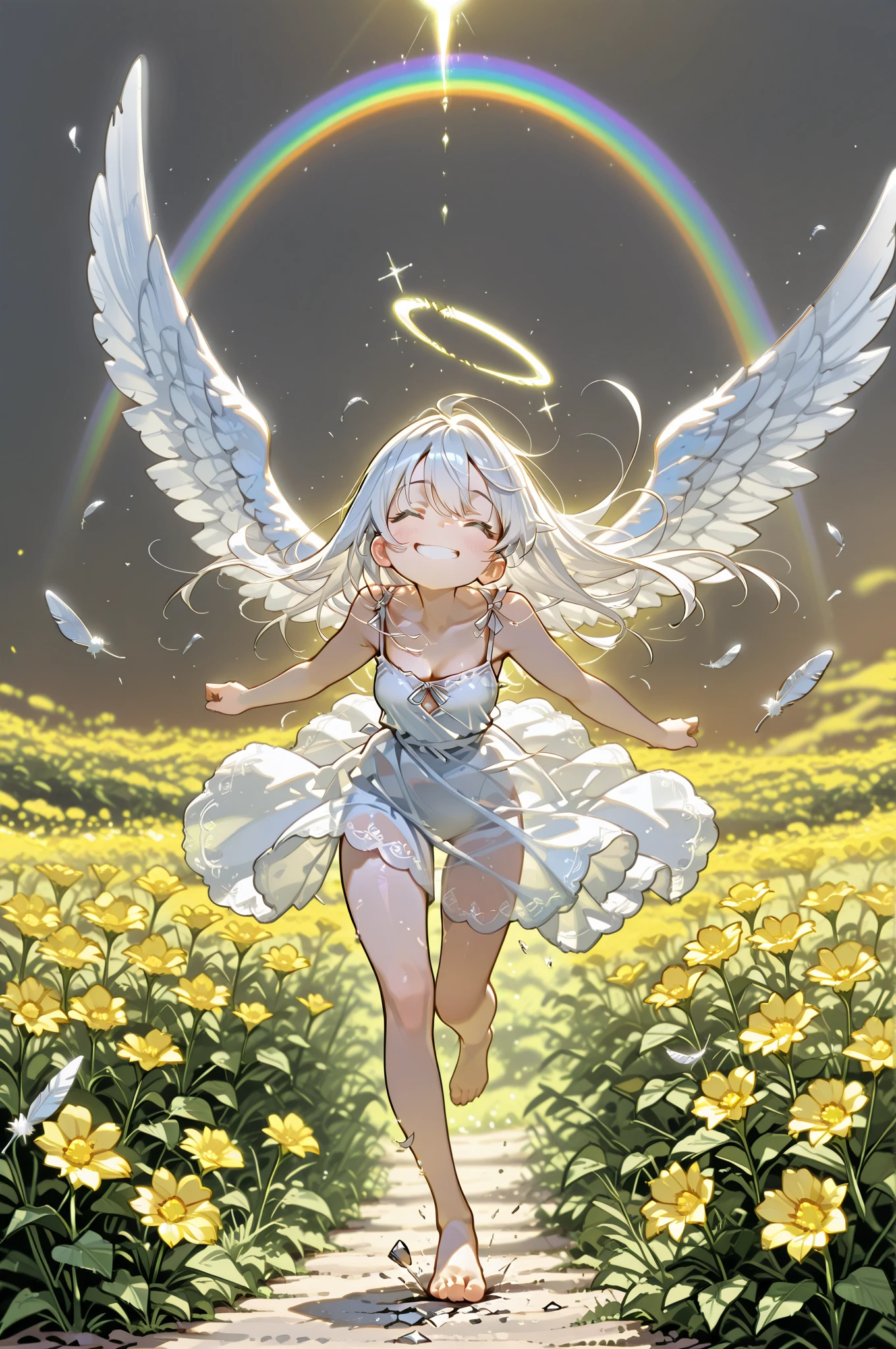 picture-like quality, Masterpiece, ultra high resolution, angel girl, silver white hair, Translucent skin, bursting with a smile, Traces of broken feathers, A white one-piece dress, Barefoot, Running through the prairie, rainbow-colored light from heaven , Morning Dew, Wildflowers, Hopeful Expressions
