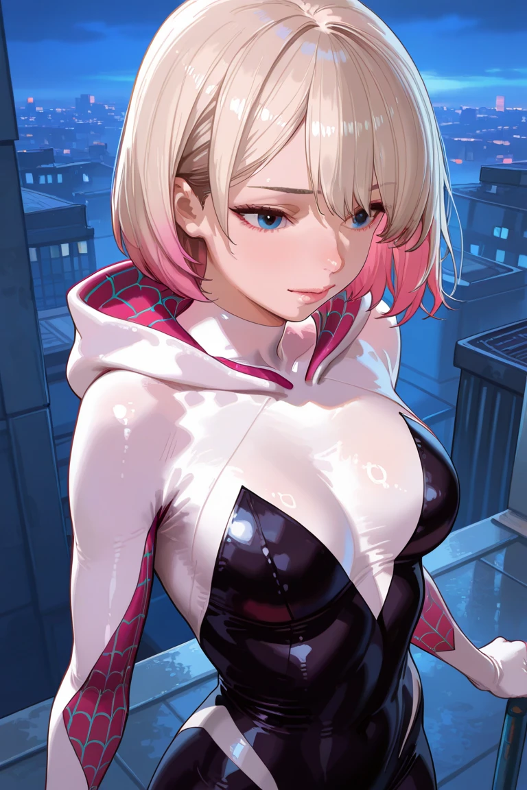 Ghost Spider, Gwen Venom symbiote outfit, black with spider in the center of her chest in white, organic looking outfit, gooey forehead, symbiote, white eyes, fine art, PS5 cinematic screenshot, highly detailed detailed cinematic rendering, ultra photorealistic raytricing, with cinematic lighting