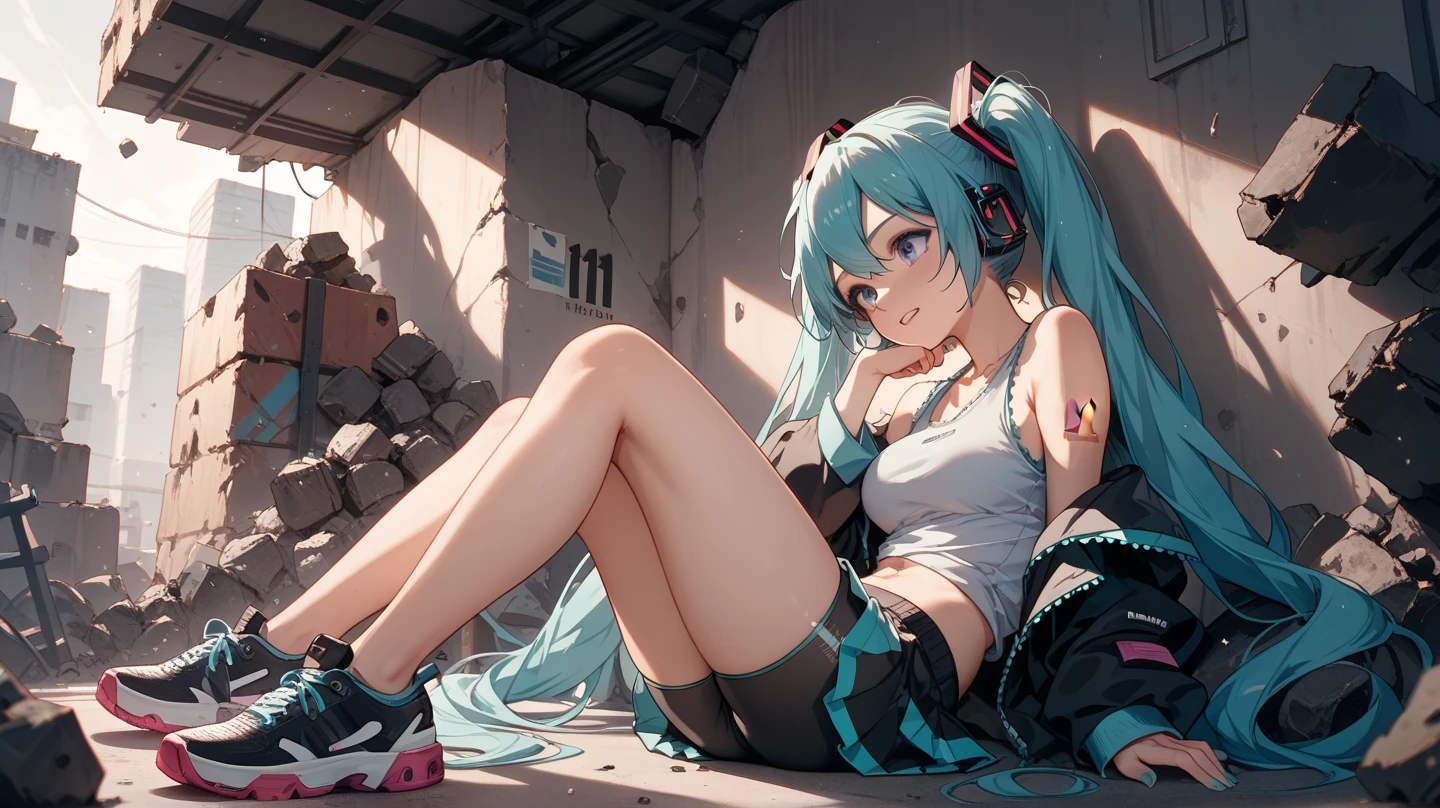 巨作, 最好质量, 1girl in, 独奏, croptop, Denim shorts, chokers, (doodletits:1.5),  Hitting a wall, watch audience, Armbands, thigh strap, tilt of the head, tedium, O cabelo multicolorido, Aqua Eye, headset on head,((squatting down))、