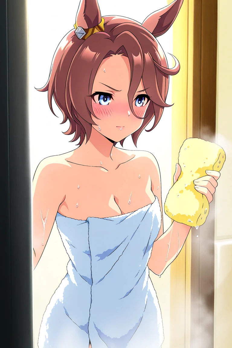、(masterpiece、Highest quality)、Highest quality, Ultra-high resolution, (((masterpiece))), alone, Sweat、Big eyes, Composition from the front、Shortcuts、Embarrassed face、Bronze colored hair、Cut the back hair short、Bathroom、Shower scene、 Expose、Completely naked、pubic hair、belly button、Large areola、Nipples、short hair