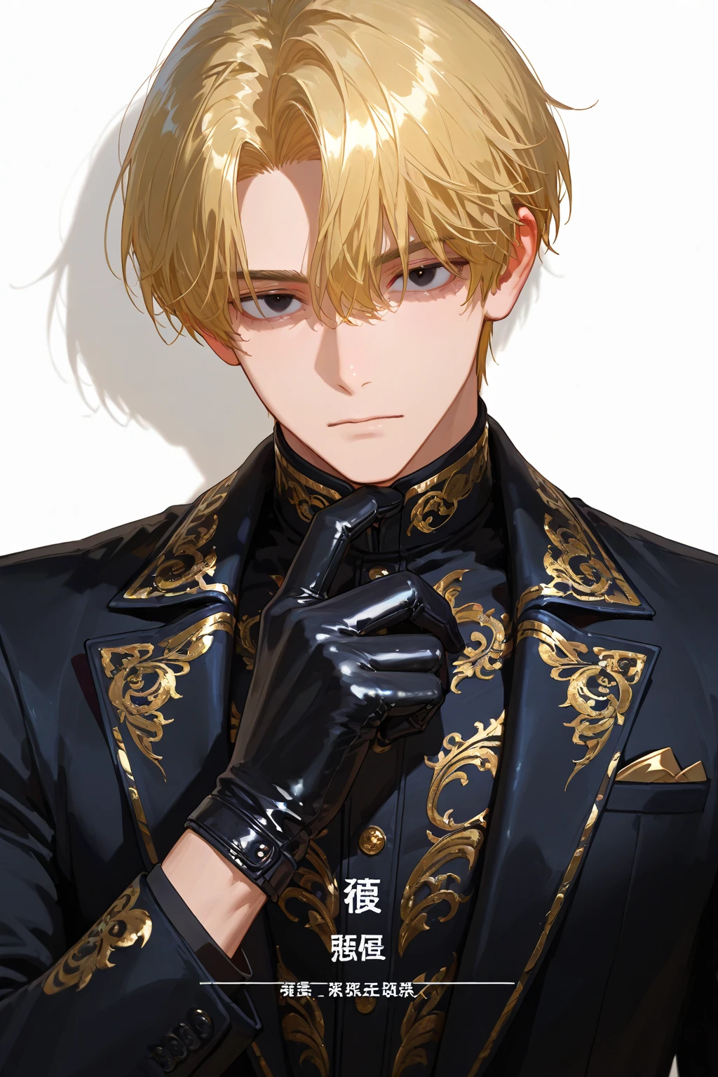 young boy, blonde hair, Bob hairstyle, blue eyes, black skintight clothes, Gold Chains, Cat's ears, Masterpiece, hiquality
