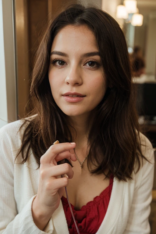 Upper body of Realistic photograph best quality portrait of a beautiful gorgeous young cute Asian woman, 21yo., looking something, detailed face, Realistic texture human skin, very beauty long and slender bright glowing face, curved eyebrows, droopy hooded eyes, low nasal bridge, wavy nose, full wide lips, bright smiling, ponytail, studio portrait, (((young Marion Cotillard blended face mixed with young Anne Hathaway))), Realistic studio photography, poised woman fair complexion, dressed vibrant crop top full sleeves black high collar detail, sits elegantly olive chair, duplicated chairs adjacent, forming coherent row, red headscarf encases hair, Leica SL3, Summicron-SL 75mm ASPH, F/5, (cinematic still:1.2), Film Never Die Kiro 400 film, bokeh, rim lighting, silhouette, shallowed depth of field, dynamic hands up,