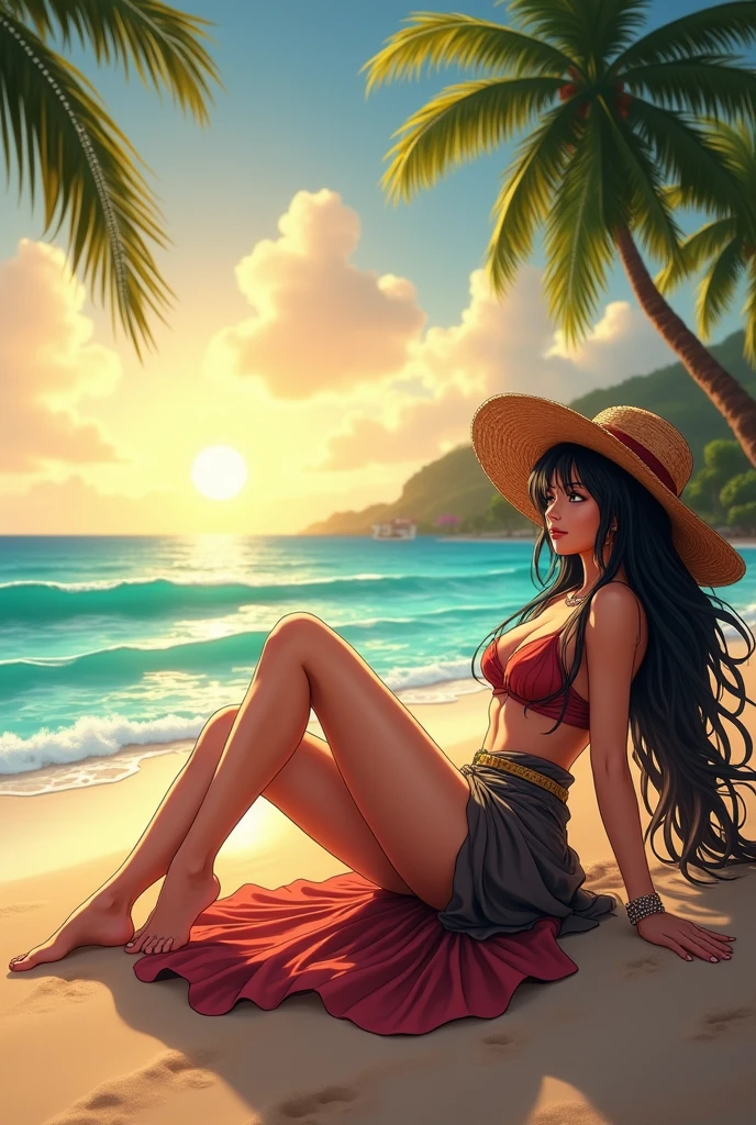 There is a woman sitting on a towel sipping a coconut drink, In the style of digital illustration, stylized digital illustration, Just a joke, Great illustrations, Lo-fi Girl, Chill Hop, Relaxing concept art, Beautiful digital illustrations, Relax on the beach, Beautiful digital art, Illustration Style, Beautiful artwork illustration, Exquisite digital illustrations, Detailed digital illustration, Lofi Art