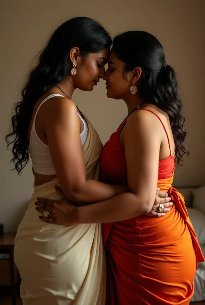 A 45 year old plus sized beautiful South Indian mom wearing red flowers printed cream colour chiffon saree hugging and kissing on lips on of 25 year old two men ,full body image